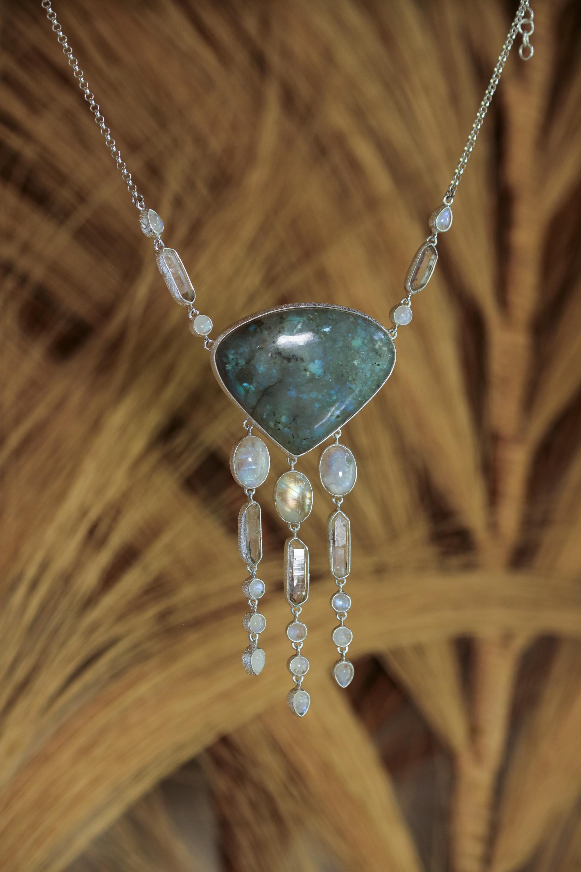 Vibrant Labradorite, Blue Moonstone, Clear double terminated Quartz Necklace, 925 Silver, Rolo Chain, Stone Jewelry, Organic Texture Gift
