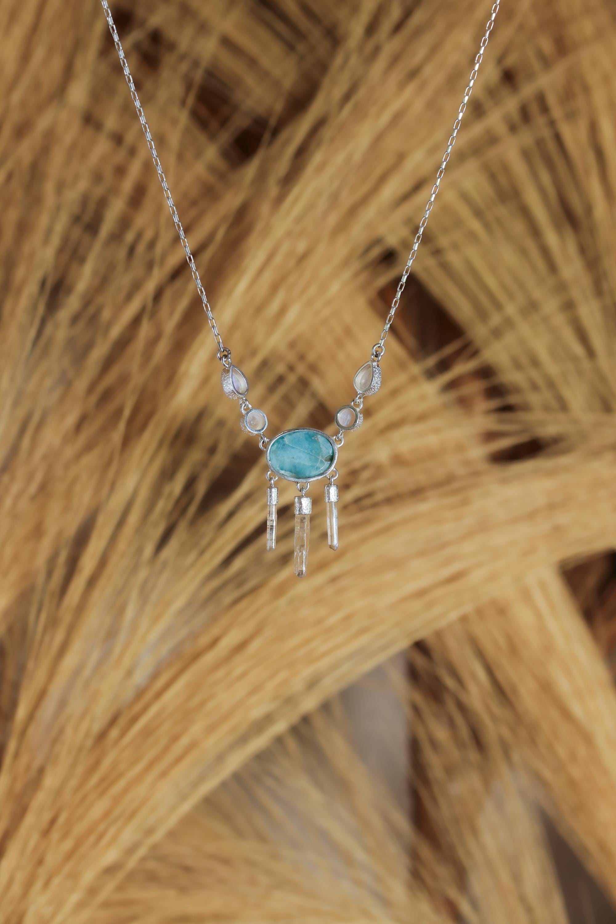 Sleeping Larimar, Blue Moonstone, Clear Quartz Necklace, 925 Silver, Box Chain, Organic Texture, Healing Crystal Jewelry, Throat Chakra Gift