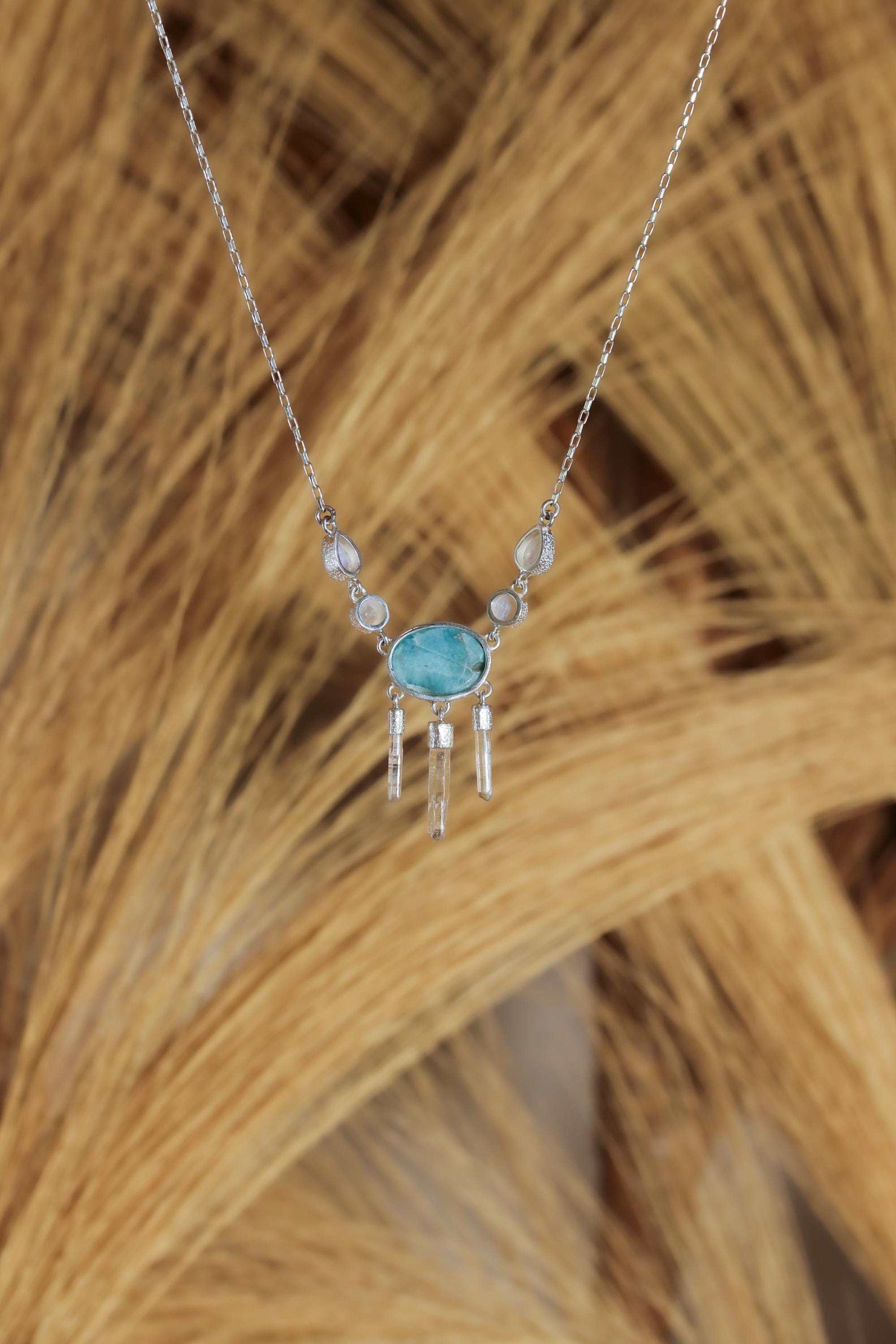 Larimar Moonstone Quartz Necklace, 925 Silver Box Chain, Healing Crystal Jewelry