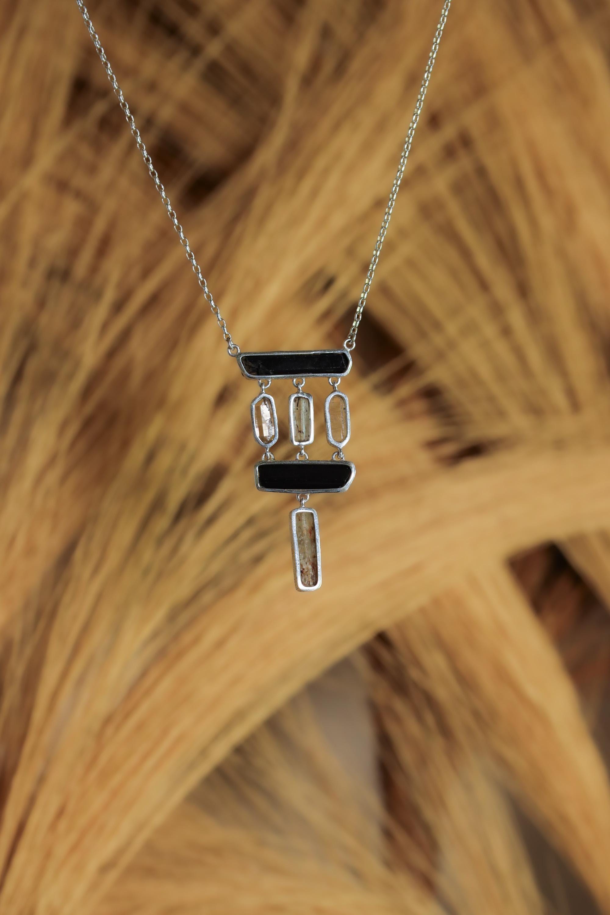 Black tourmaline Wand, Double Terminated Quartz Points, and Aquamarine Stick 925 Silver, High Shine Finish, Energy Protection Gift