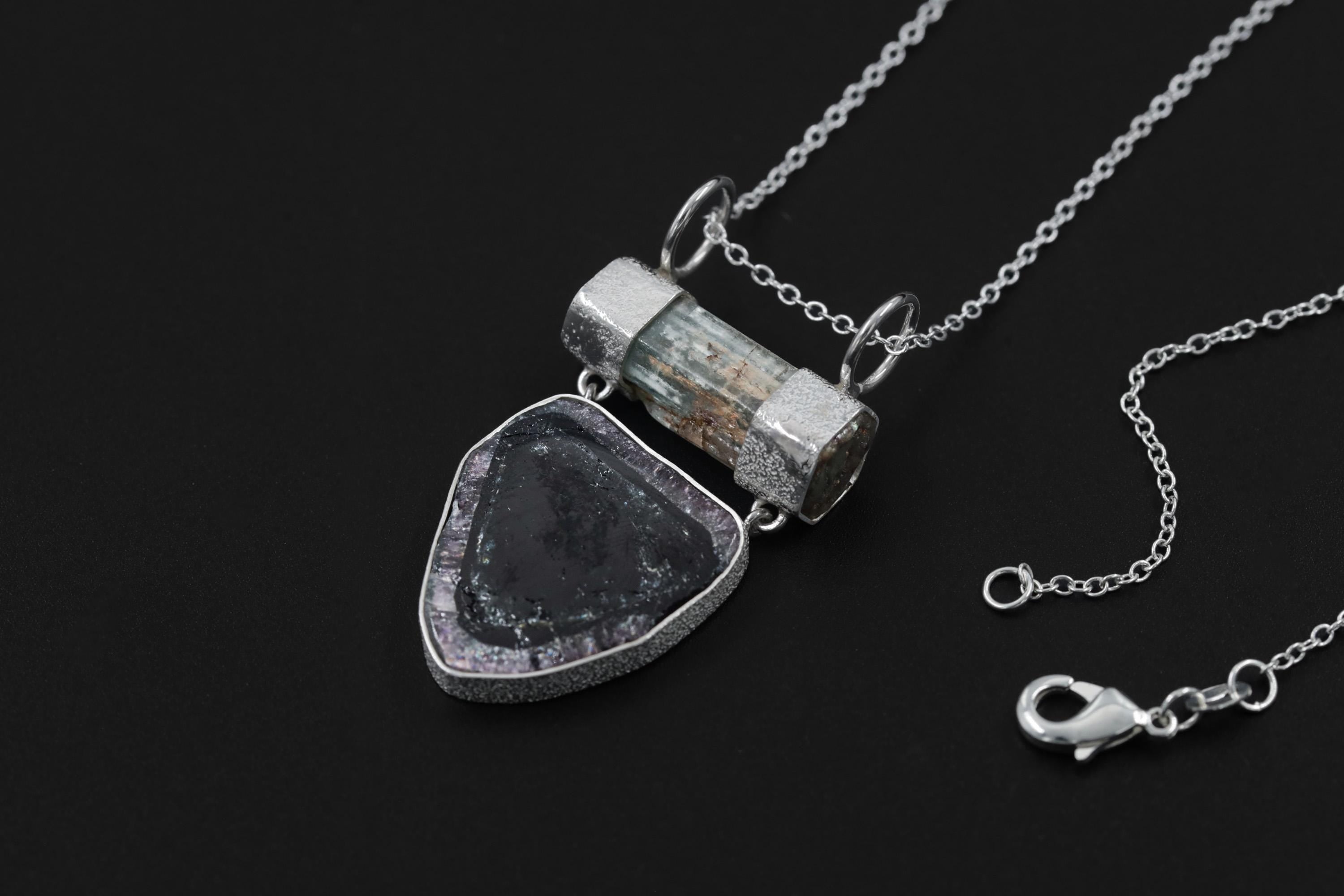 Aquamarine Watermelon Tourmaline Pendant, 925 Silver, Raw Crystal Jewelry, Shield Pendant, Double Bail, High Shine, Boho Gemstone Gift