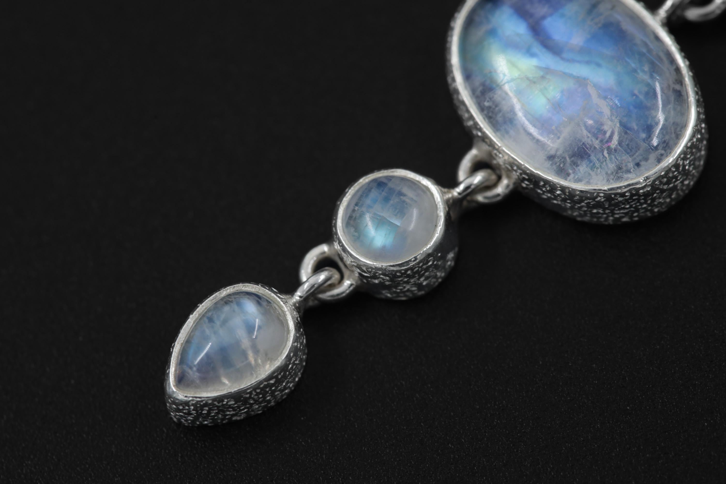 Larimar, Blue Moonstone, and double terminated Clear Quartz Necklace 925 Silver, Box Chain, Organic Texture, Crystal Gift