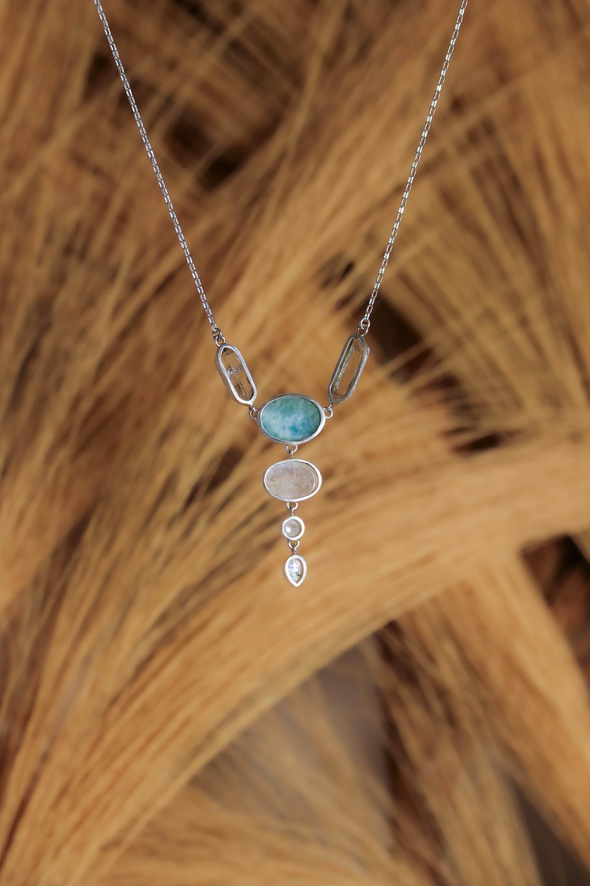 Larimar, Blue Moonstone, and double terminated Clear Quartz Necklace 925 Silver, Box Chain, Organic Texture, Crystal Gift