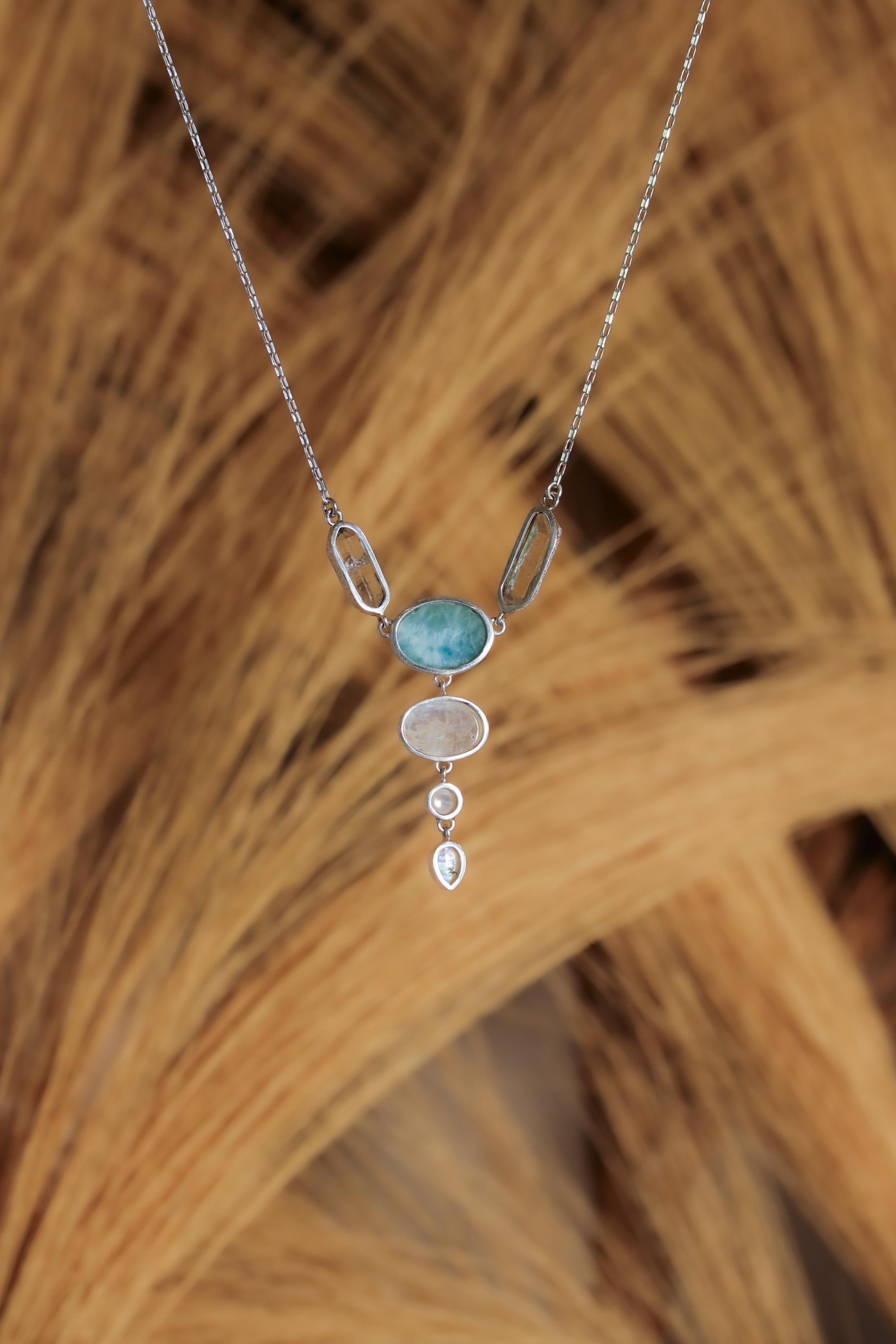 Larimar Moonstone Quartz Necklace, 925 Silver Box Chain, Artisan Pendant
