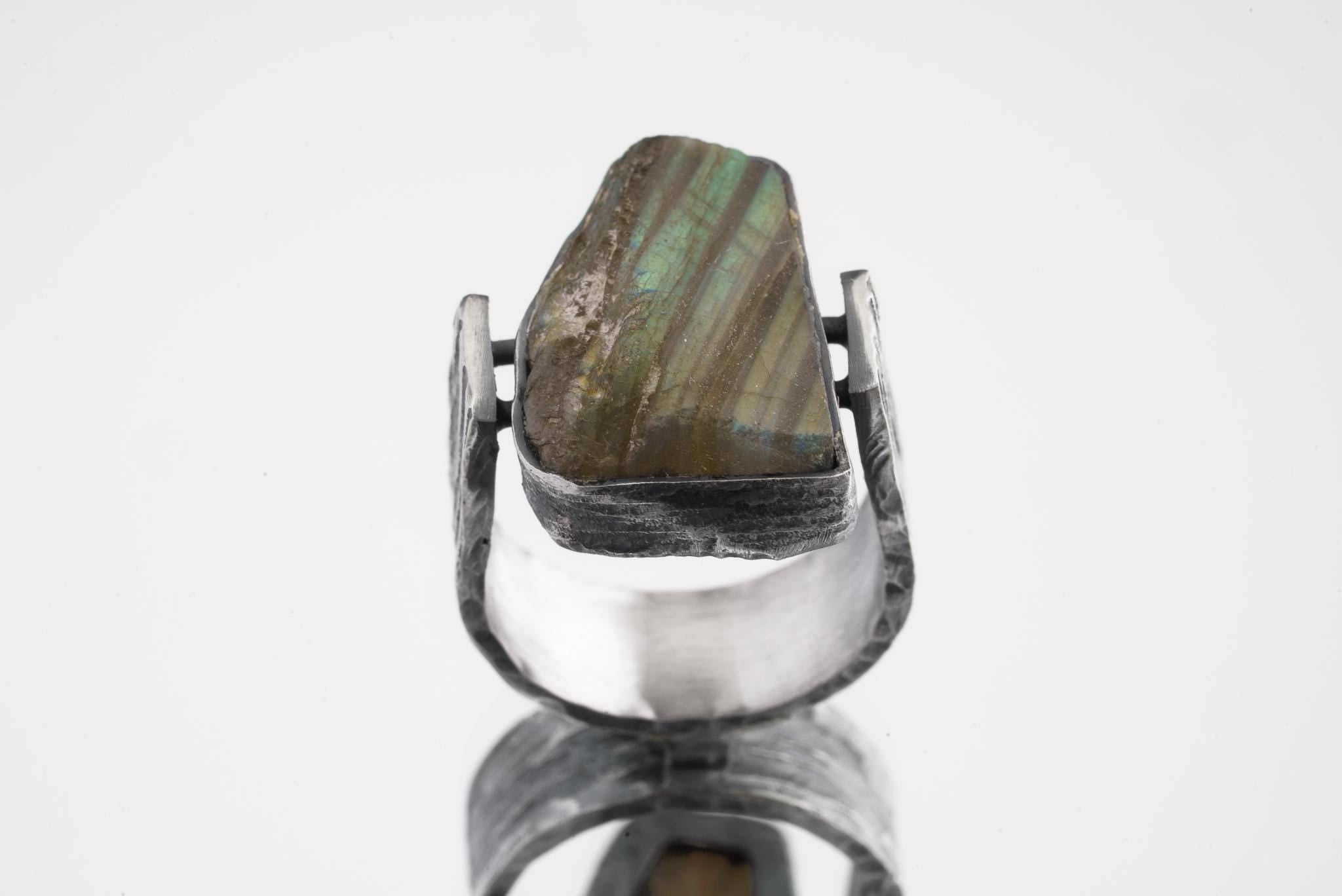 Raw Labradorite Silver Ring 925 Textured Brutalist Band Northern Fire Crystal Protection Jewelry Gift Size 9