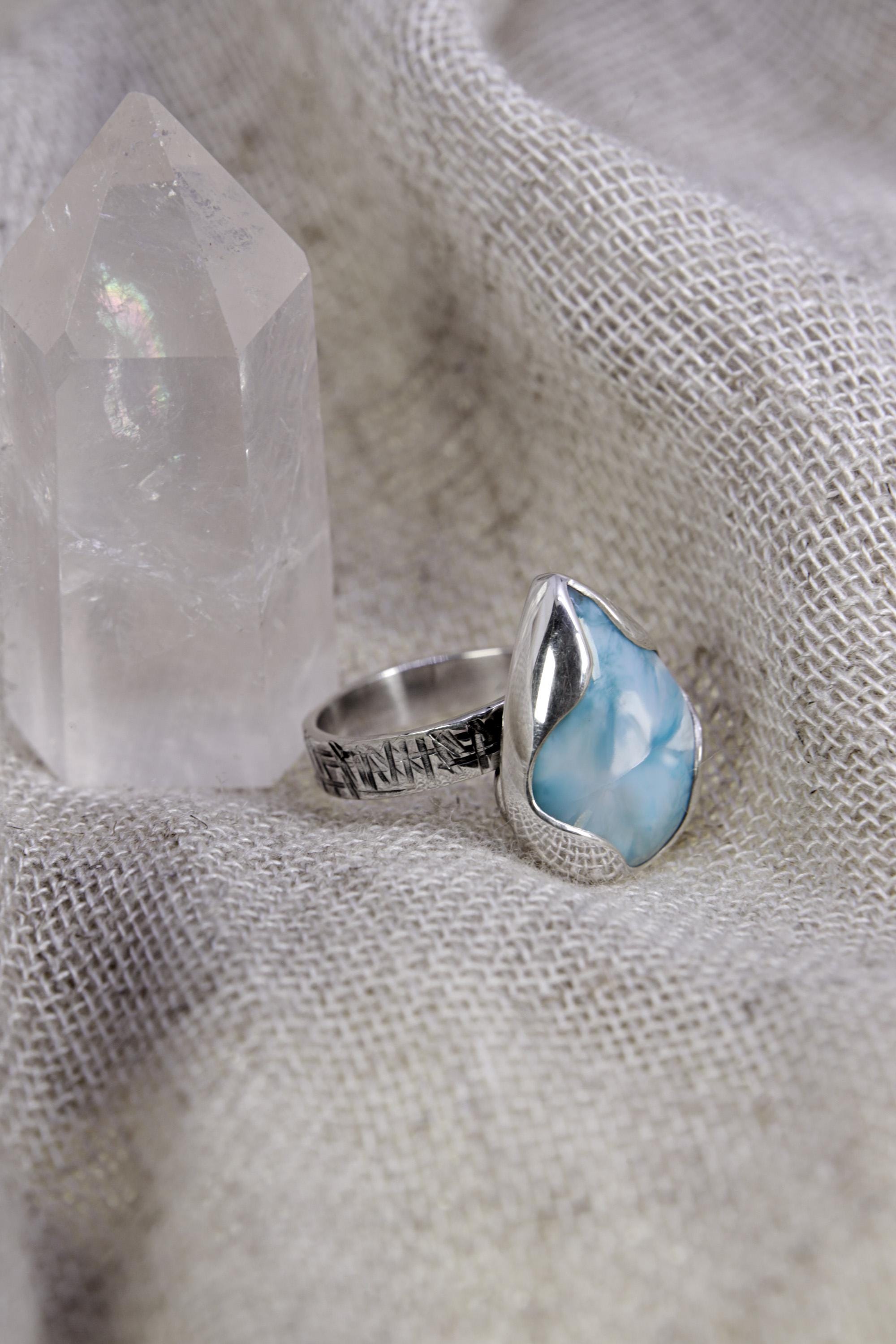 Larimar Ring 925 Sterling Silver Adjustable Teardrop Blue Stone Throat Chakra Pisces Leo Ocean Jewelry Gift