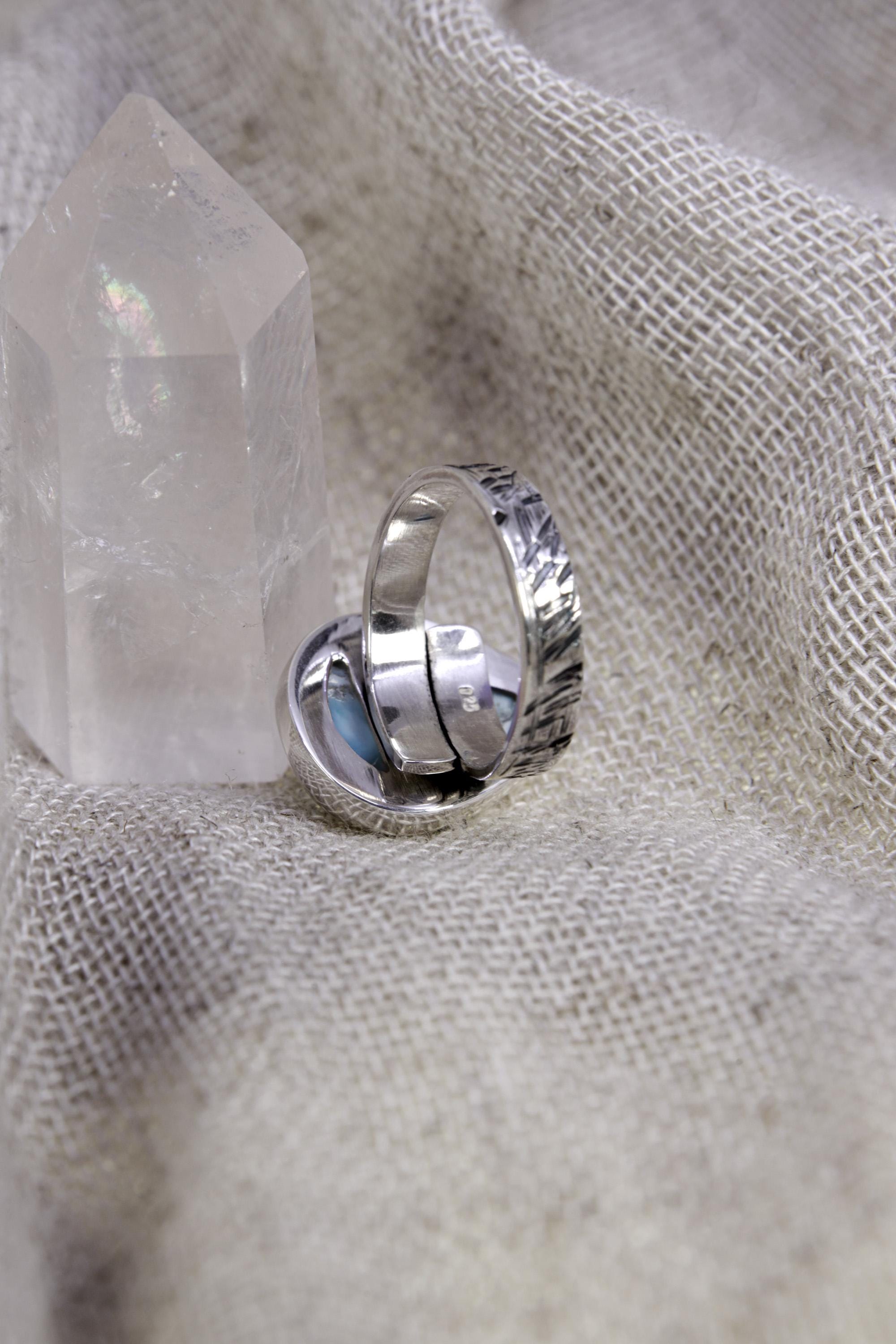 Larimar Ring 925 Sterling Silver Adjustable Teardrop Blue Stone Throat Chakra Pisces Leo Ocean Jewelry Gift