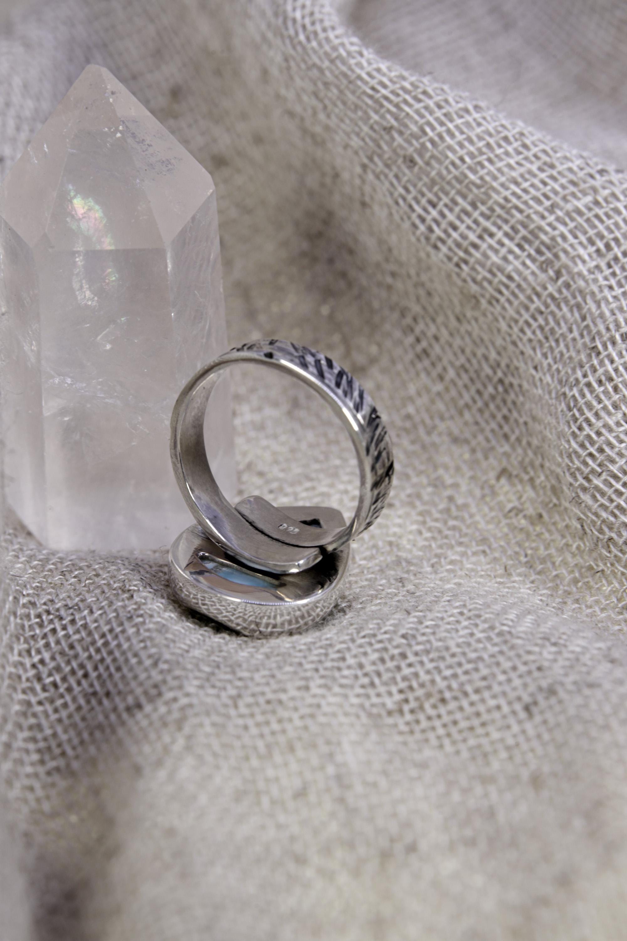 Larimar Ring 925 Sterling Silver Adjustable Teardrop Blue Stone Throat Chakra Pisces Leo Ocean Jewelry Gift