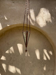 Copper Triangle Quartz Hanging Decoration – Geometric Glass Ornament, Raw Crystal Point, Boho Room & Sacred Space Decor