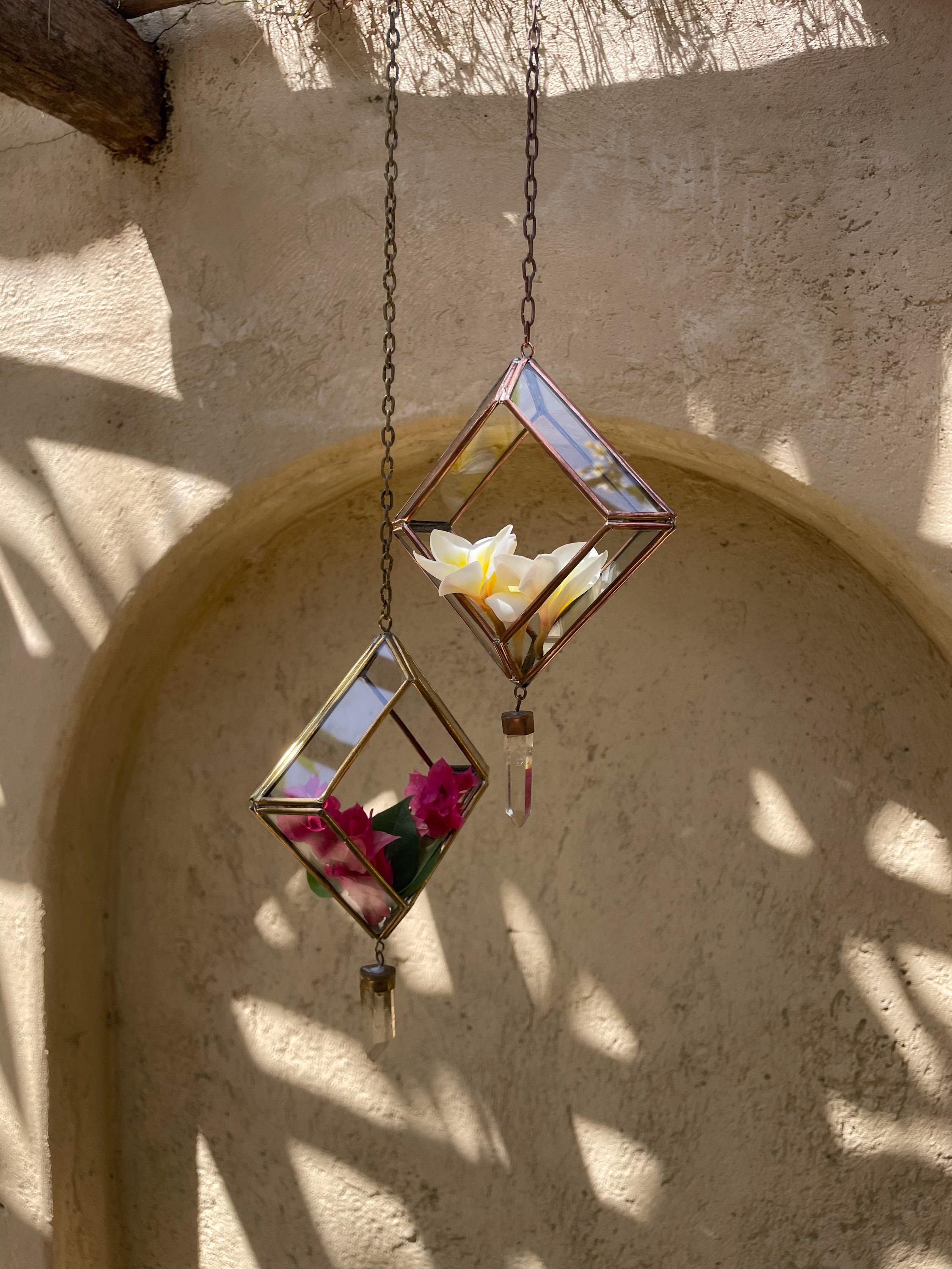 Quartz Reliquary Hanging Decoration – Geometric Glass & Brass Ornament, Raw Crystal Point, Sacred Home Decor