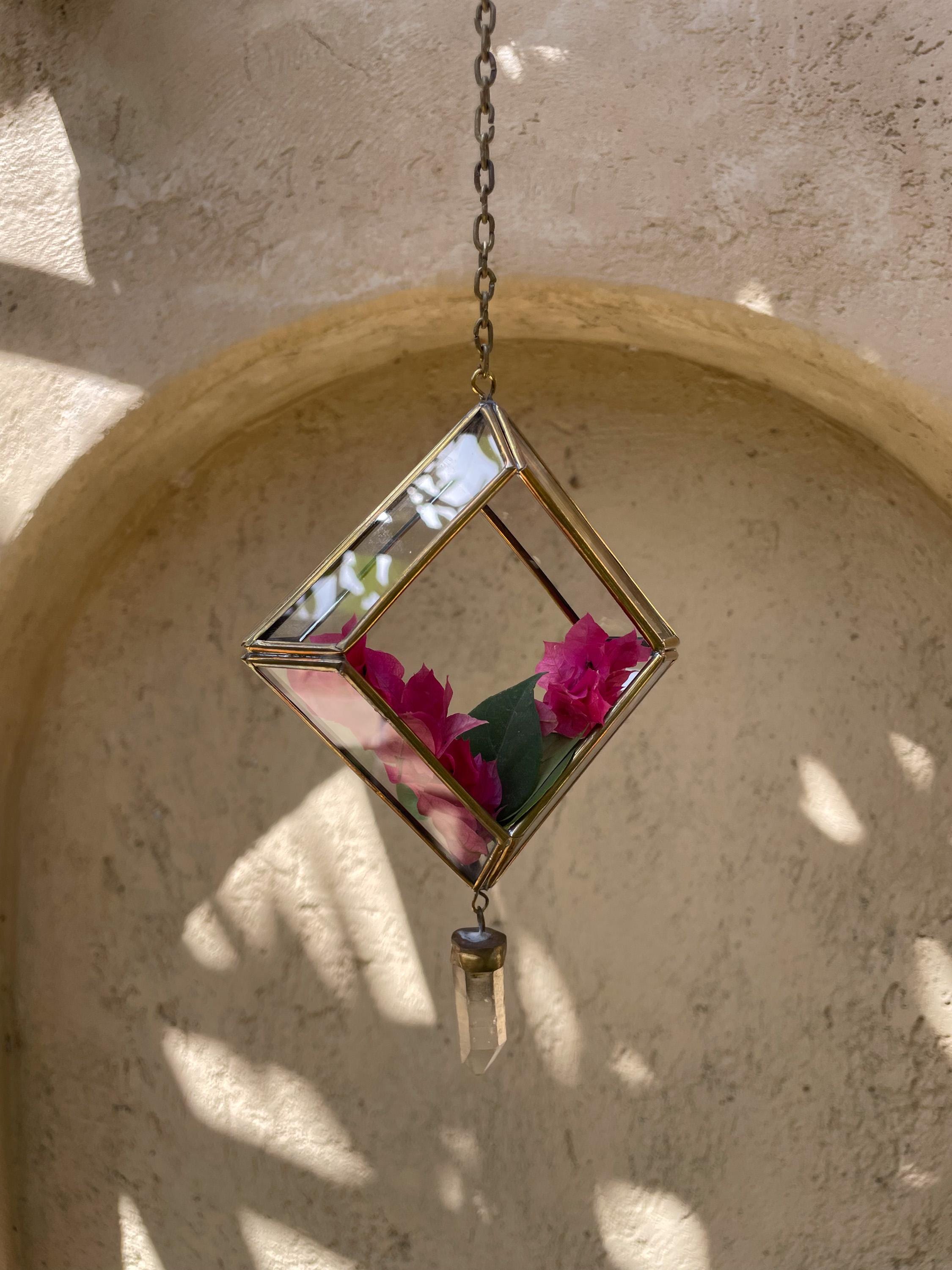 Quartz Reliquary Hanging Decoration – Geometric Glass & Brass Ornament, Raw Crystal Point, Sacred Home Decor