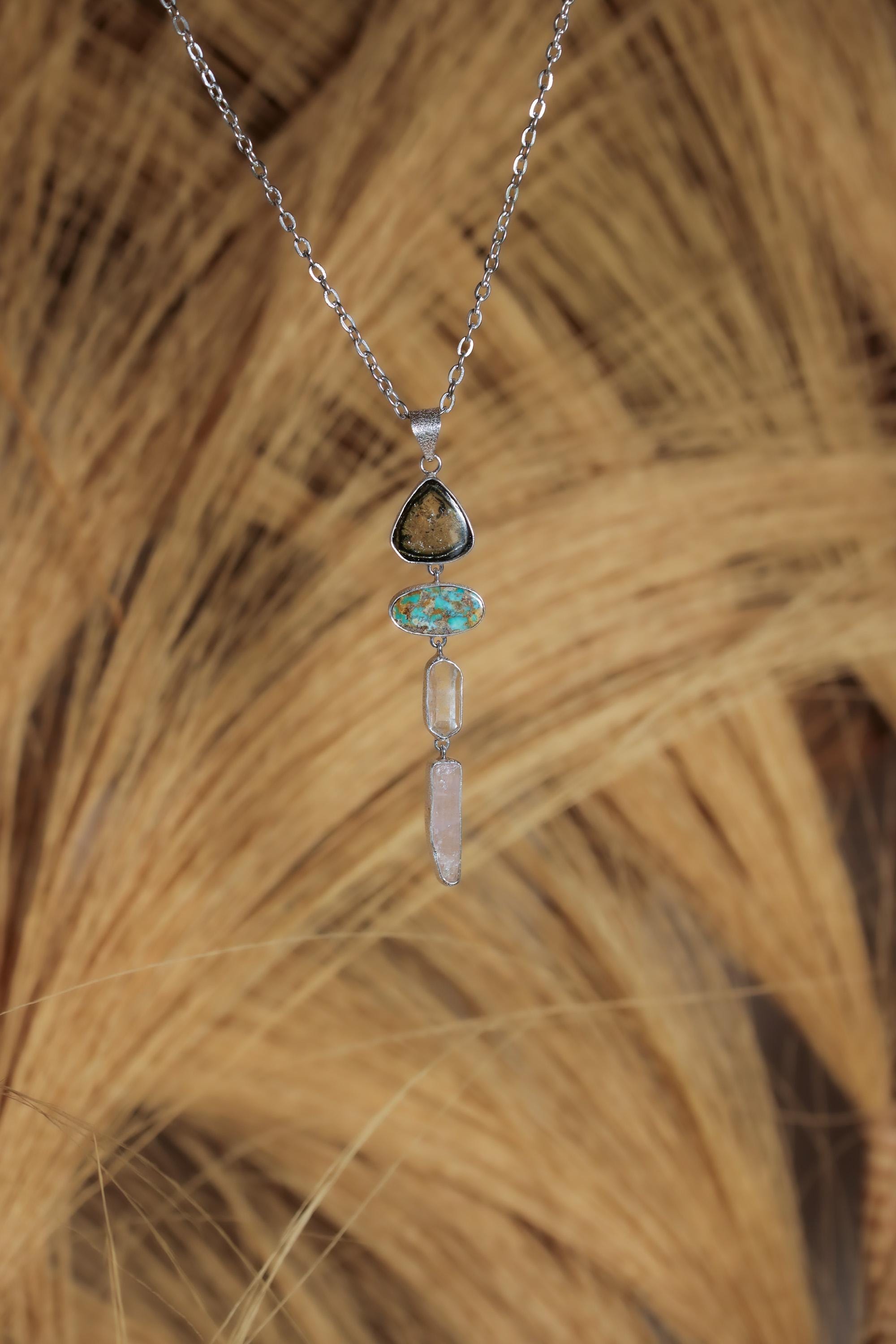 Green Tourmaline Gem Slice, Arizona Turquoise, DT Clear Quartz Point, Kunzite Pendant, 925 Silver, Organic Texture, Spiritual Jewelry Gift