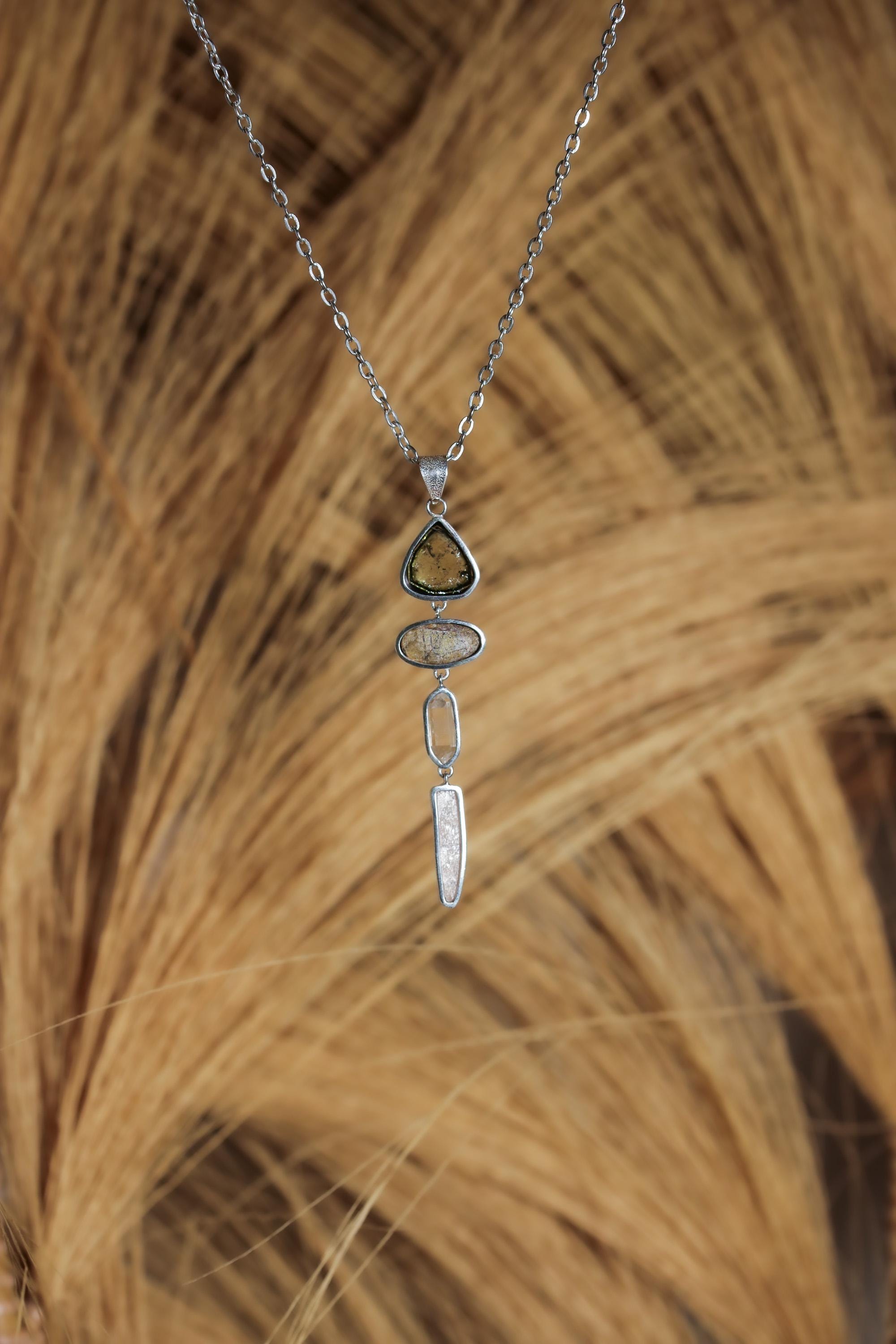 Green Tourmaline Gem Slice, Arizona Turquoise, DT Clear Quartz Point, Kunzite Pendant, 925 Silver, Organic Texture, Spiritual Jewelry Gift