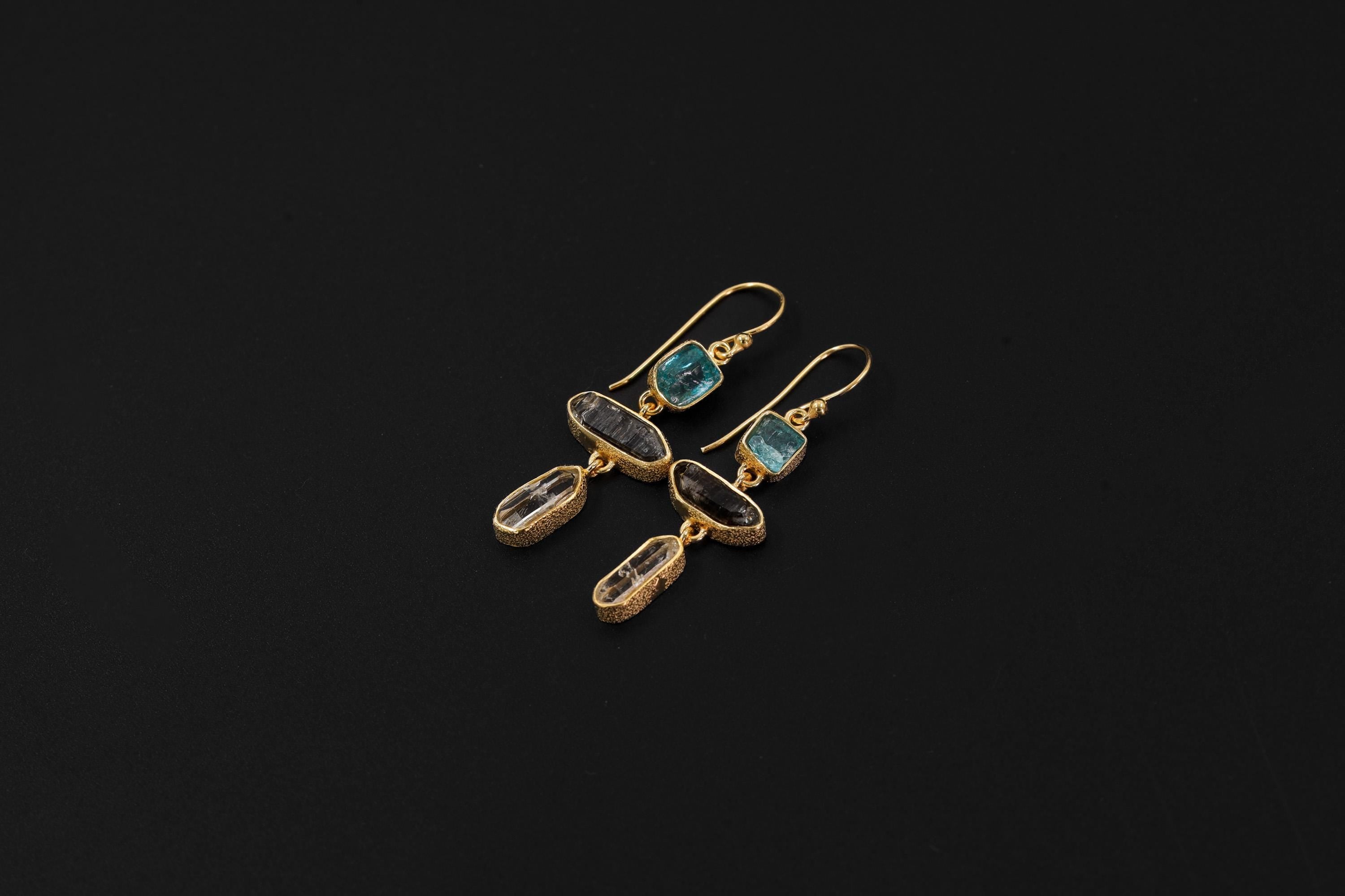 Blue Apatite Petroleum Quartz Earrings 18k Gold Vermeil 925 Silver Raw Crystal Dangles Throat Crown Chakra Gif
