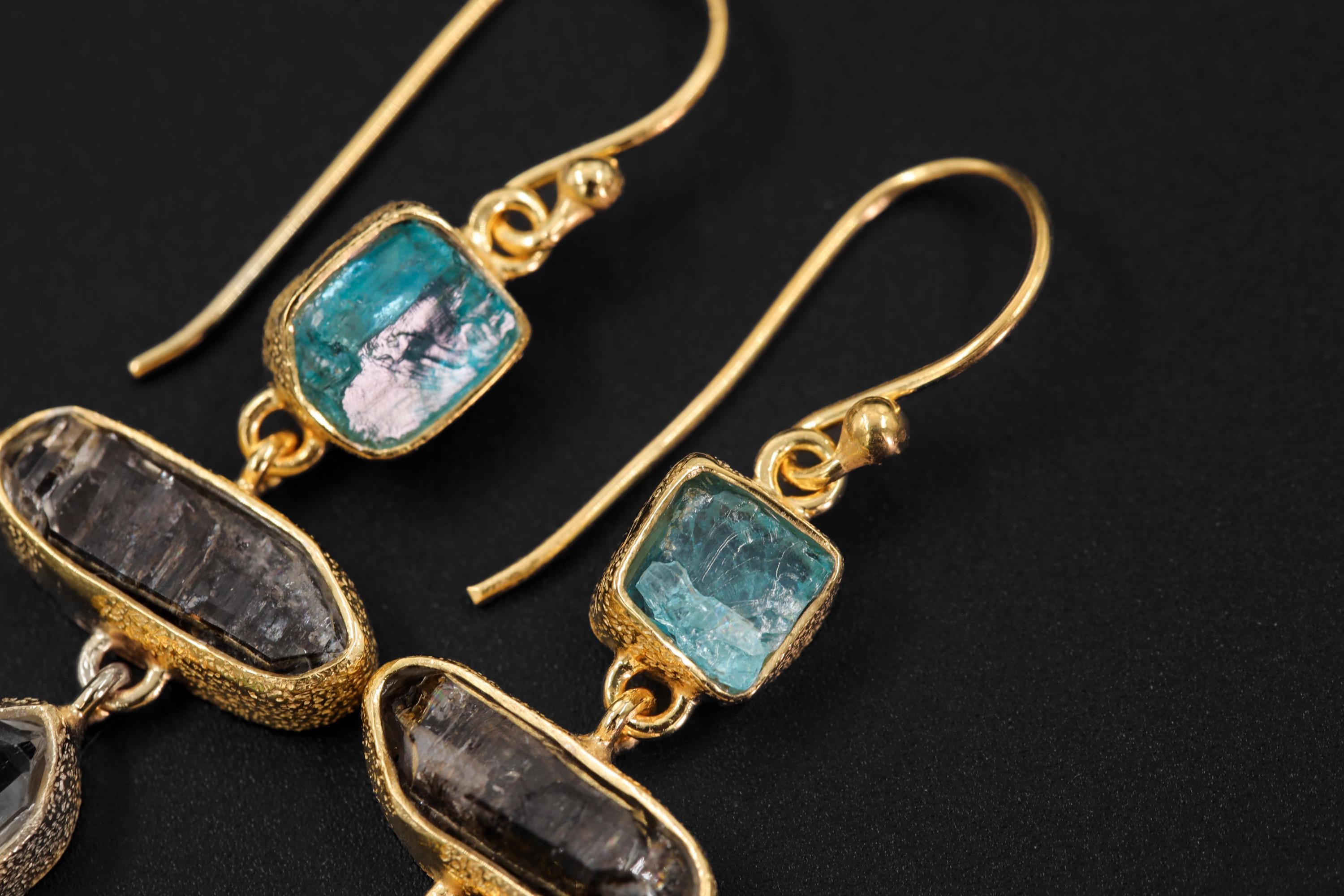 Blue Apatite Petroleum Quartz Earrings, 925 Silver Gold Plated, Dangle Raw Crystal Jewelry, Crown Chakra, Organic Boho Statement Gift