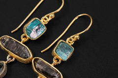 Blue Apatite Petroleum Quartz Earrings, 925 Silver Gold Plated, Dangle Raw Crystal Jewelry, Crown Chakra, Organic Boho Statement Gift
