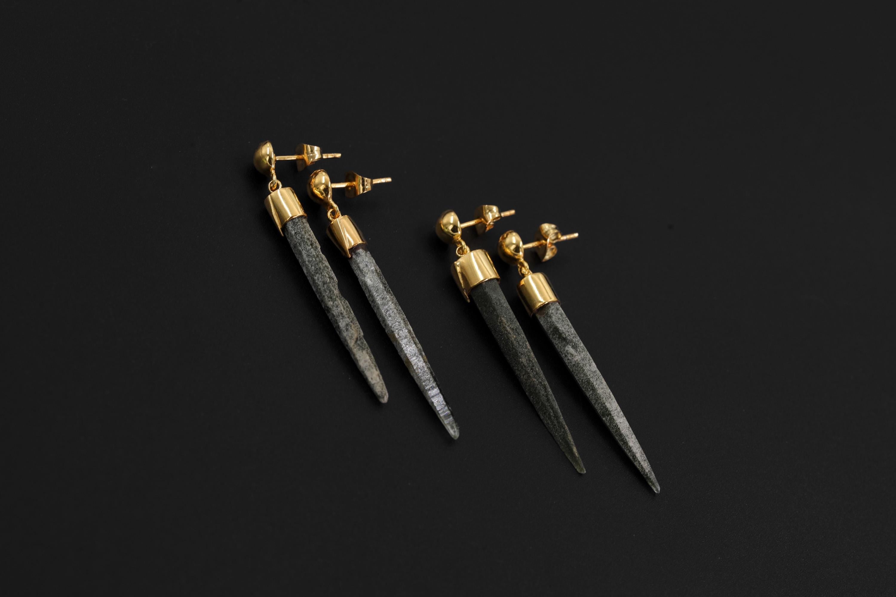Chlorite Quartz Icicle Earrings, Himalayan Crystal Dangles, Gold Plated 925 Silver Studs, Raw Green Spikes, Protection Stone Jewelry