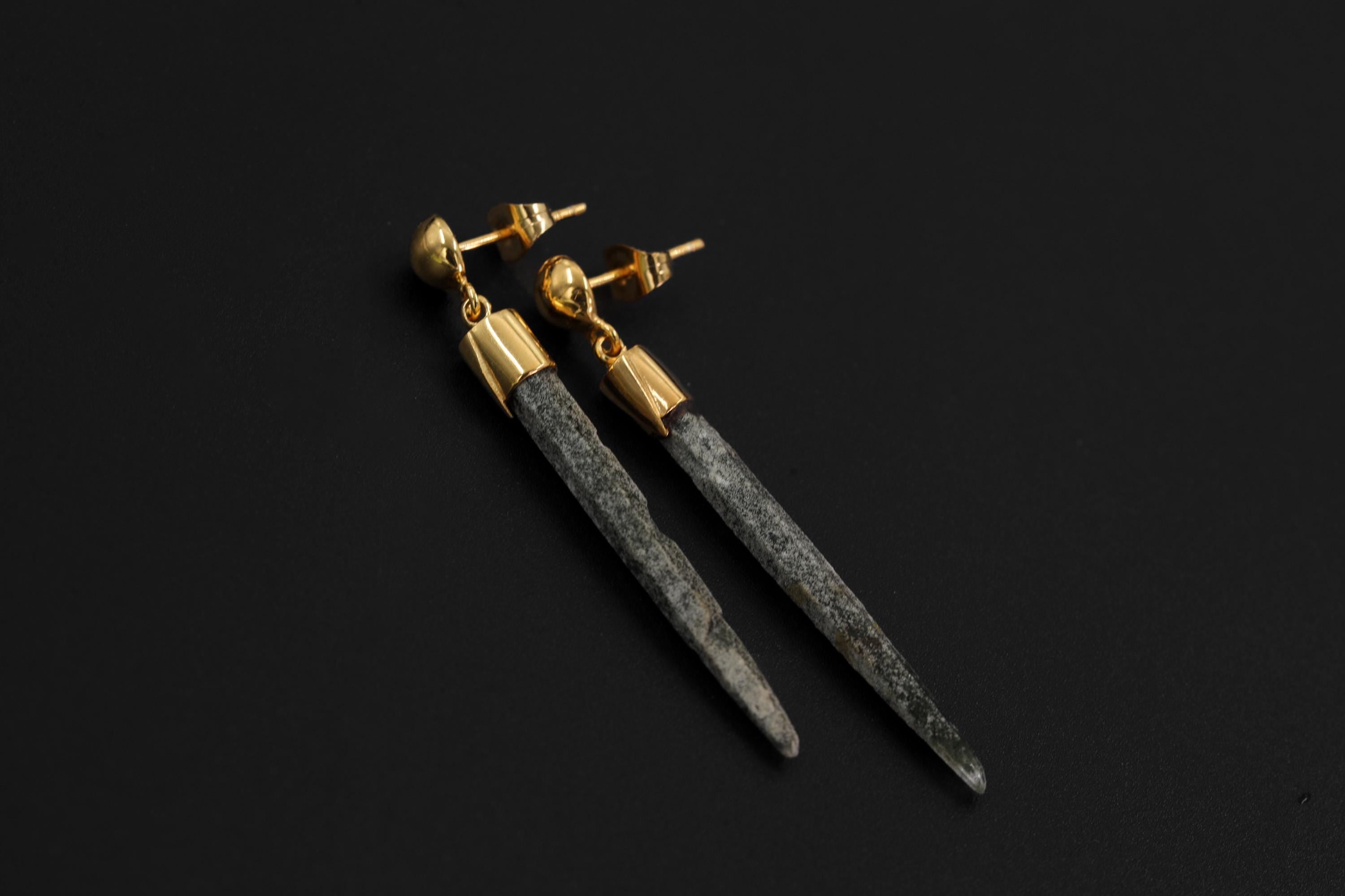 Chlorite Quartz Icicle Earrings, Himalayan Crystal Dangles, Gold Plated 925 Silver Studs, Raw Green Spikes, Protection Stone Jewelry