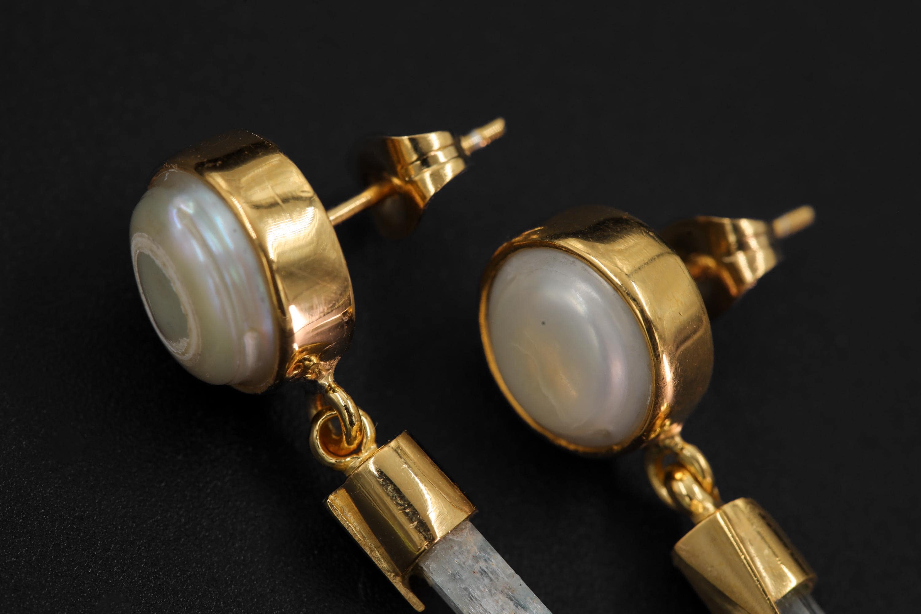 South Sea Pearl Aquamarine Earrings, Raw Crystal Stud Dangles, 18k Gold Plated, Healing Earrings, June Birthstone, Ocean Energy Gift