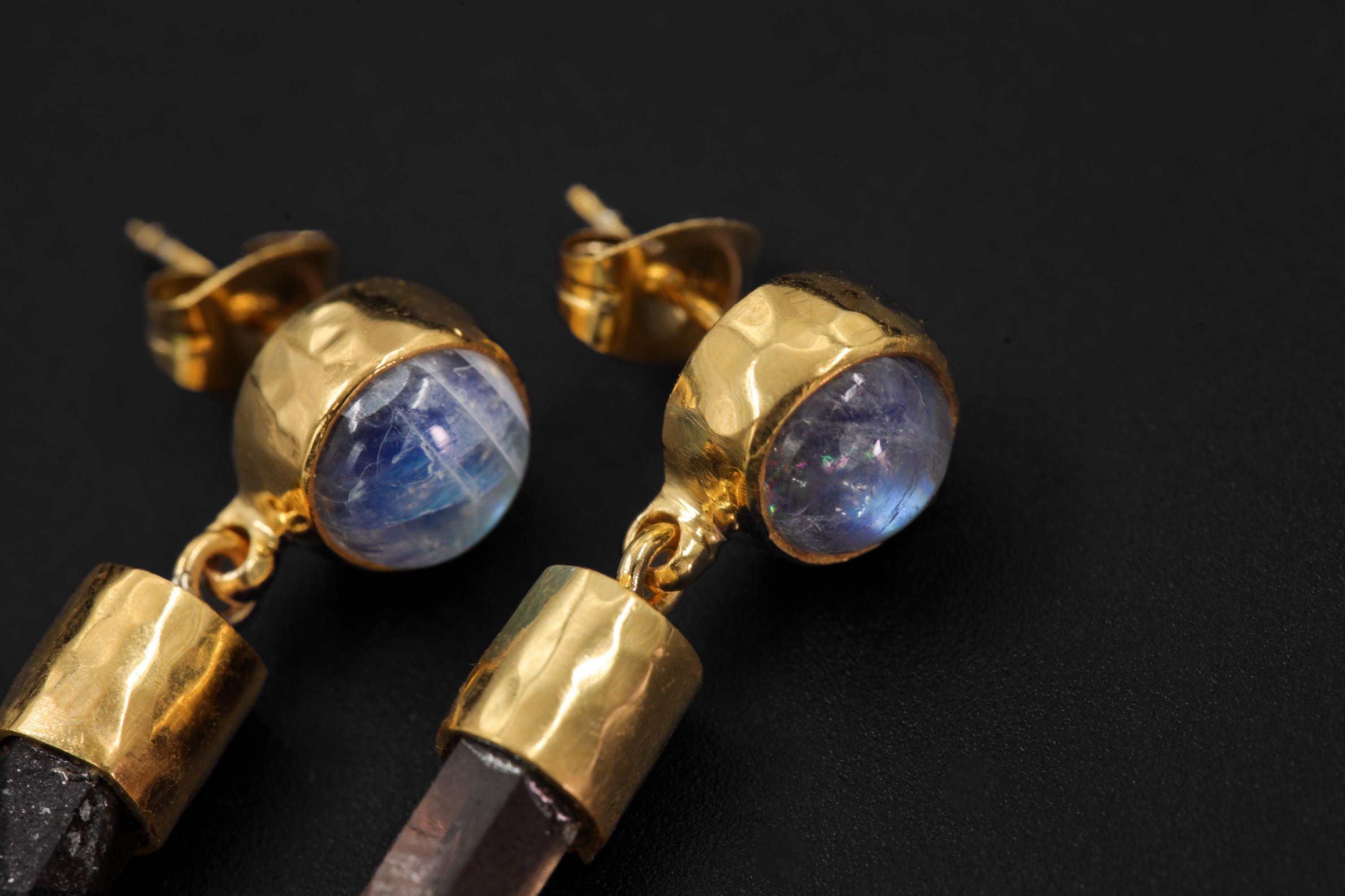 Blue Moonstone Smoky Quartz Earrings, 925 Silver 18K Gold Plated, Hammered Texture, Crystal Dangle Studs, Spiritual Healing Jewelry