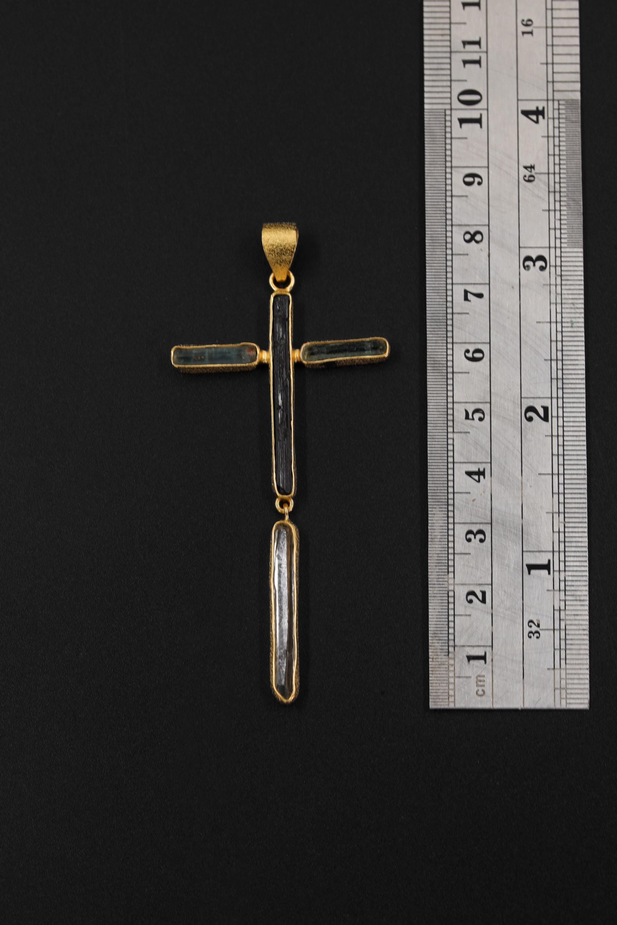Aquamarine Black Tourmaline Clear Quartz Cross Pendant, 18K Gold Plated 925 Silver, Spiritual Protection Necklace, Healing Crystal Jewelry