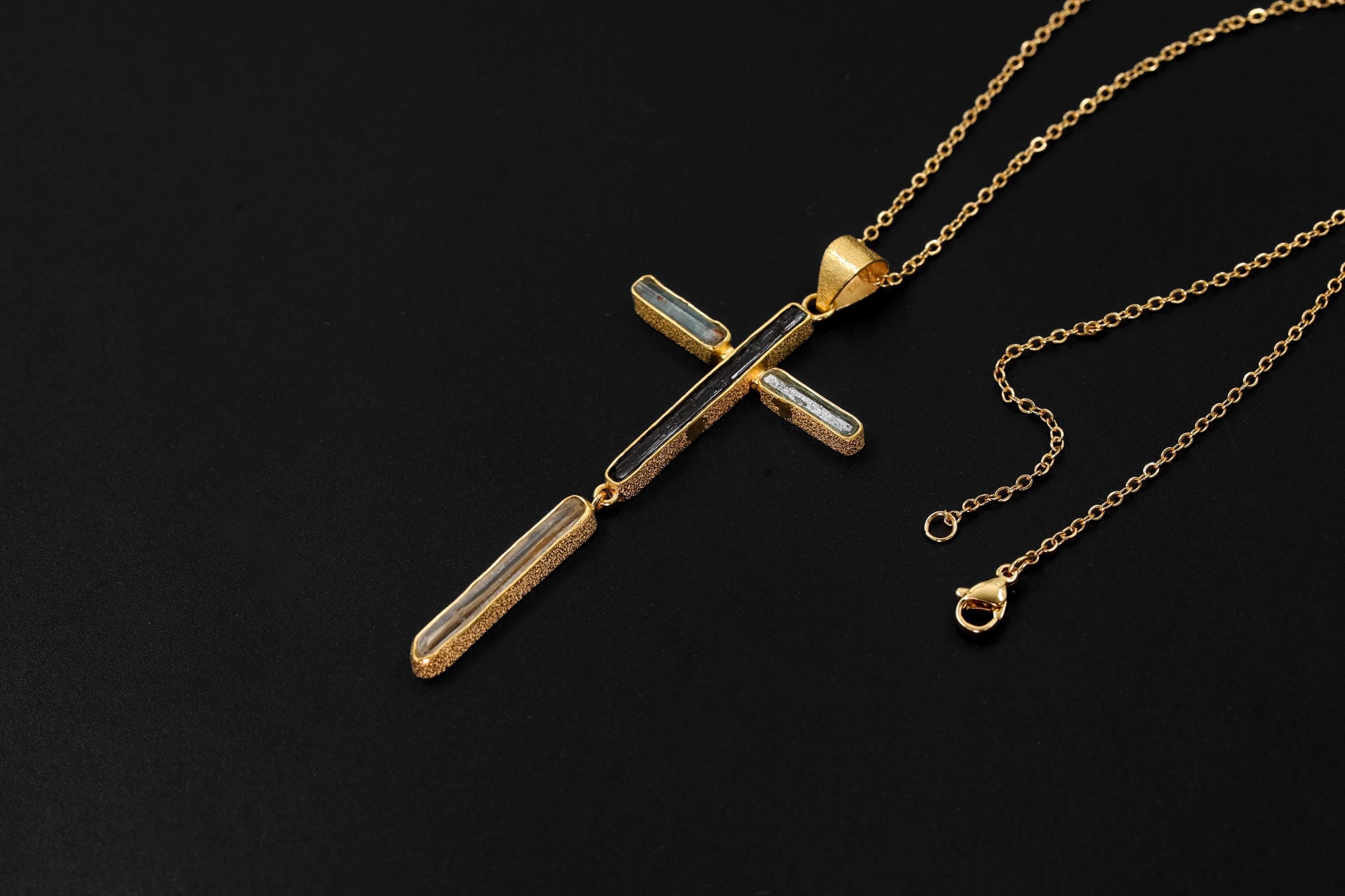 Aquamarine Black Tourmaline Clear Quartz Cross Pendant, 18K Gold Plated 925 Silver, Spiritual Protection Necklace, Healing Crystal Jewelry