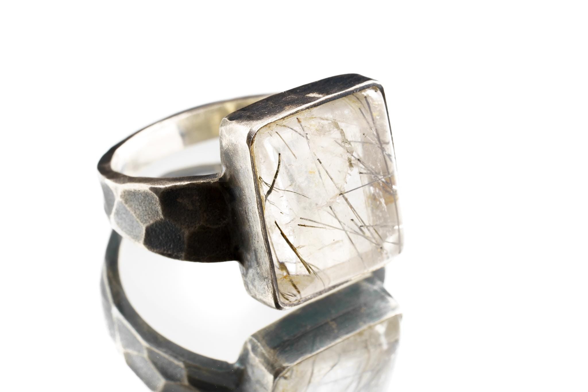 Black Rutile Quartz Ring Men’s Size 10 Sterling Silver, Oxidized Hammered Band, Protection Stone, Root Chakra Jewelry, Bold Statement Gift