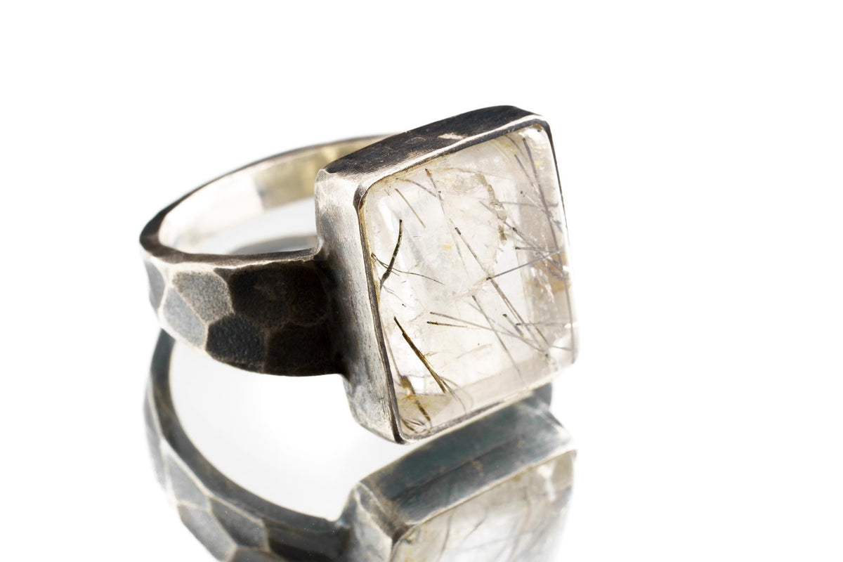 Black Rutile Quartz Ring Men’s Size 10 Sterling Silver, Oxidized Hammered Band, Protection Stone, Root Chakra Jewelry, Bold Statement Gift