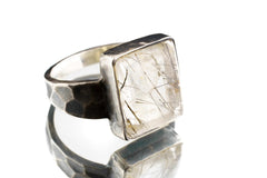 Black Rutile Quartz Ring Men’s Size 10 Sterling Silver, Oxidized Hammered Band, Protection Stone, Root Chakra Jewelry, Bold Statement Gift