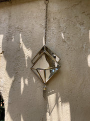 Quartz Reliquary Hanging Decoration, Geometric Mirror Brass Ornament, Raw Crystal Point, Sacred Home Decor, Boho Wall Hanging