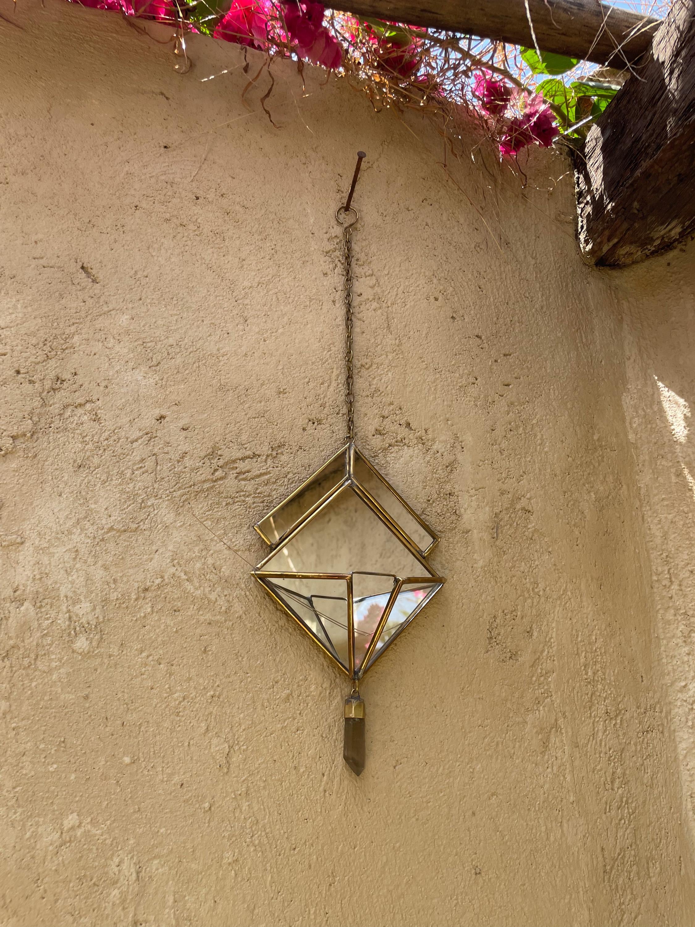 Quartz Reliquary Hanging Decoration, Geometric Mirror Brass Ornament, Raw Crystal Point, Sacred Home Decor, Boho Wall Hanging