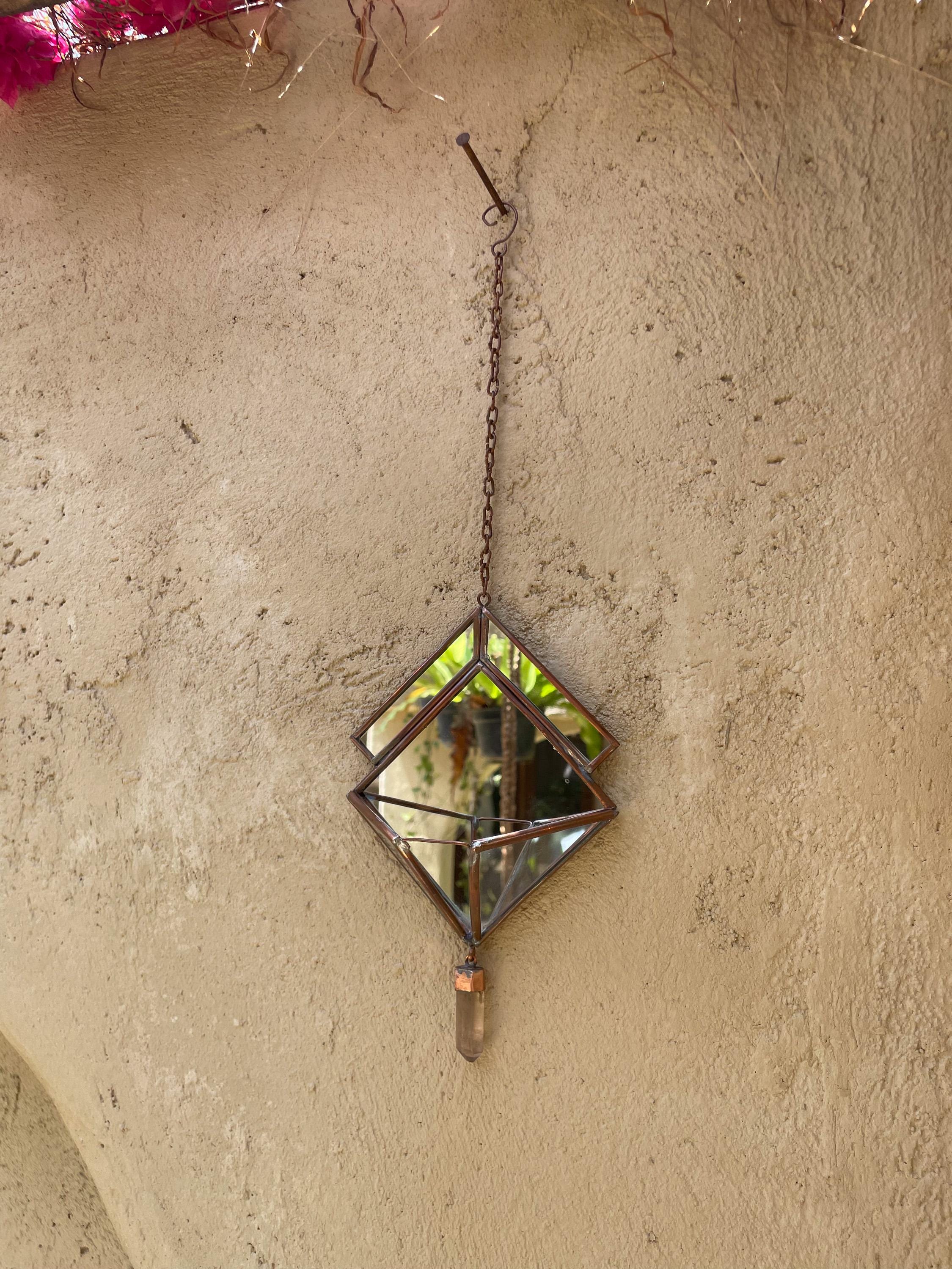Quartz Hanging Decoration – Geometric Mirror & Copper Ornament, Raw Crystal Point, Sacred Home Decor