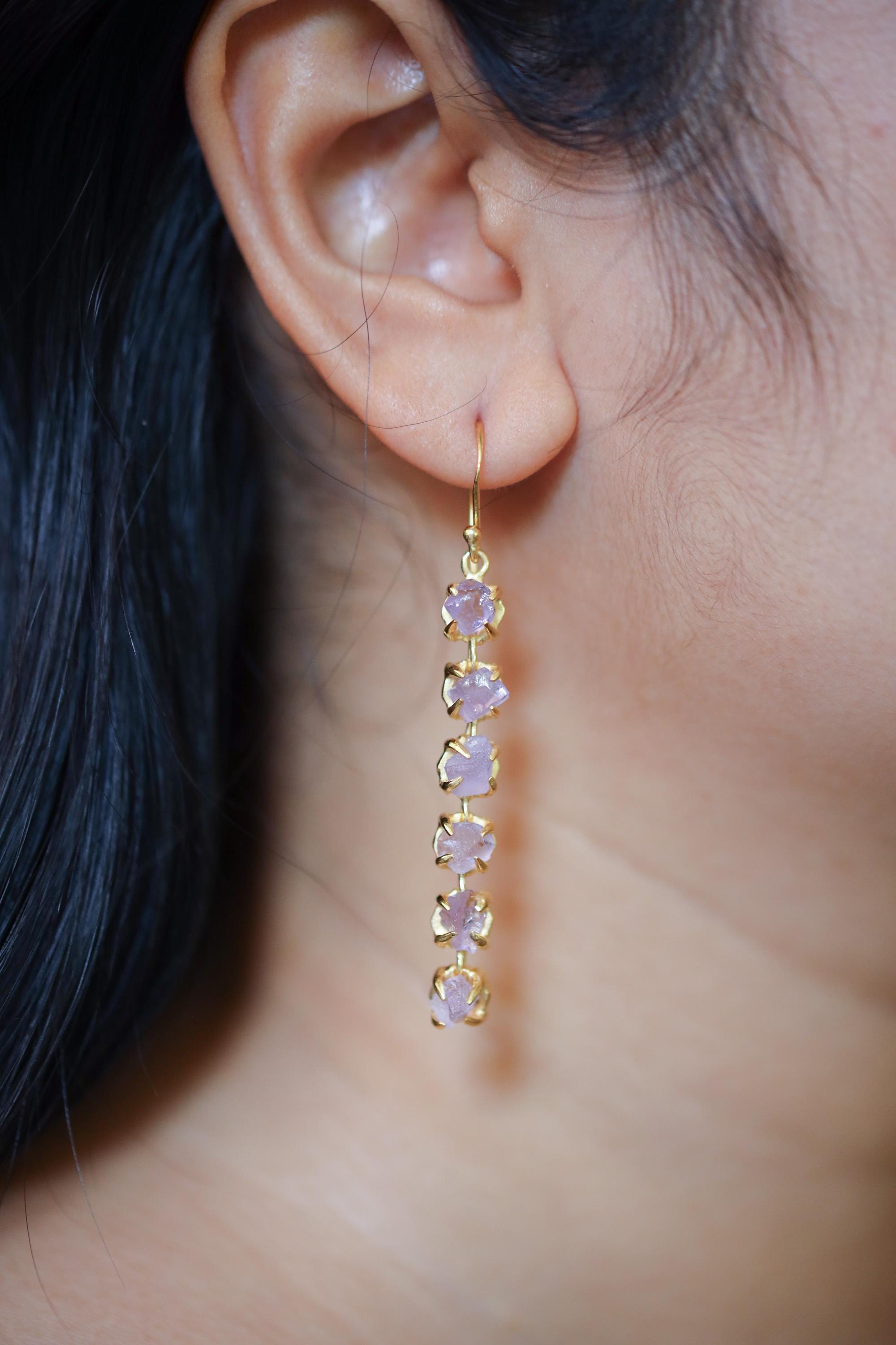 Amethyst Dangle Earrings, Raw Purple Gemstone, 18K Gold Plated 925 Silver, Long Statement Earrings, Healing Crystal Jewelry Gift
