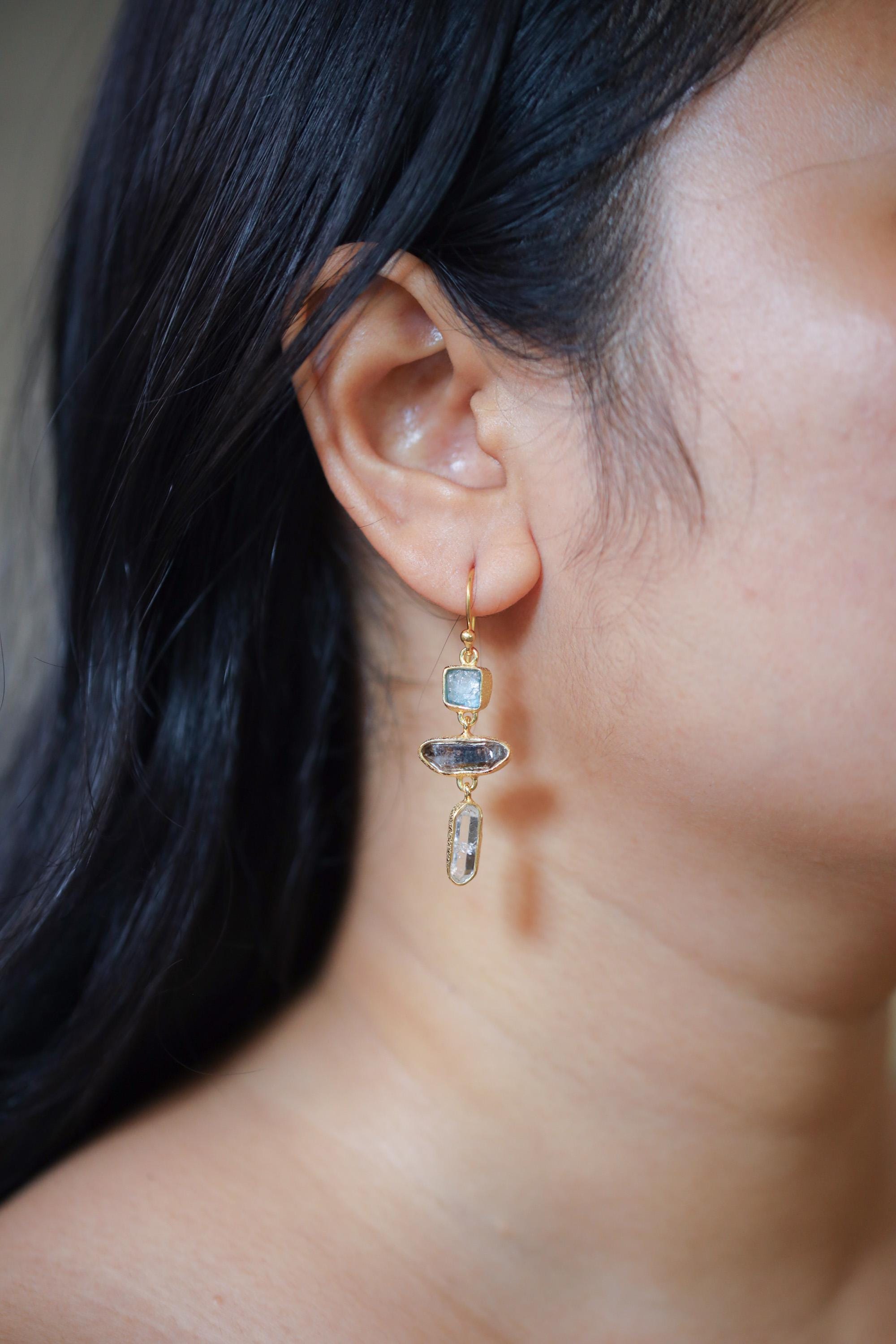 Blue Apatite Petroleum Quartz Earrings, 925 Silver Gold Plated, Dangle Raw Crystal Jewelry, Crown Chakra, Organic Boho Statement Gift