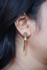 Blue Moonstone Smoky Quartz Earrings, 925 Silver 18K Gold Plated, Hammered Texture, Crystal Dangle Studs, Spiritual Healing Jewelry
