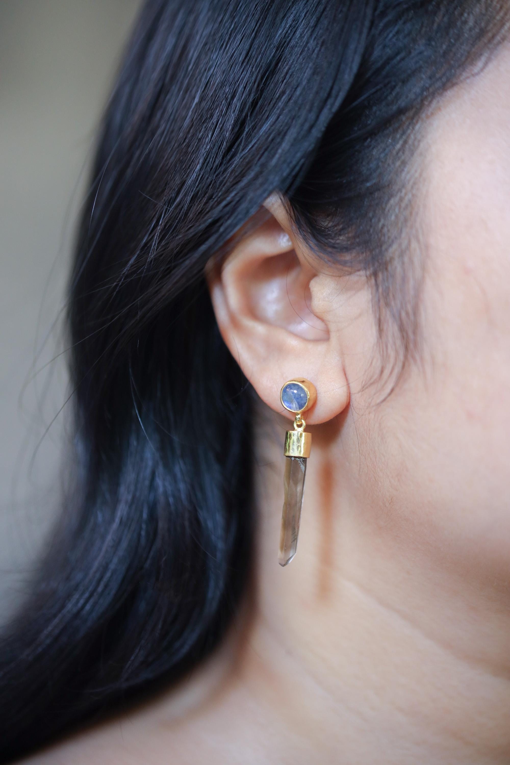 Blue Moonstone Smoky Quartz Earrings, 925 Silver 18K Gold Plated, Hammered Texture, Crystal Dangle Studs, Spiritual Healing Jewelry