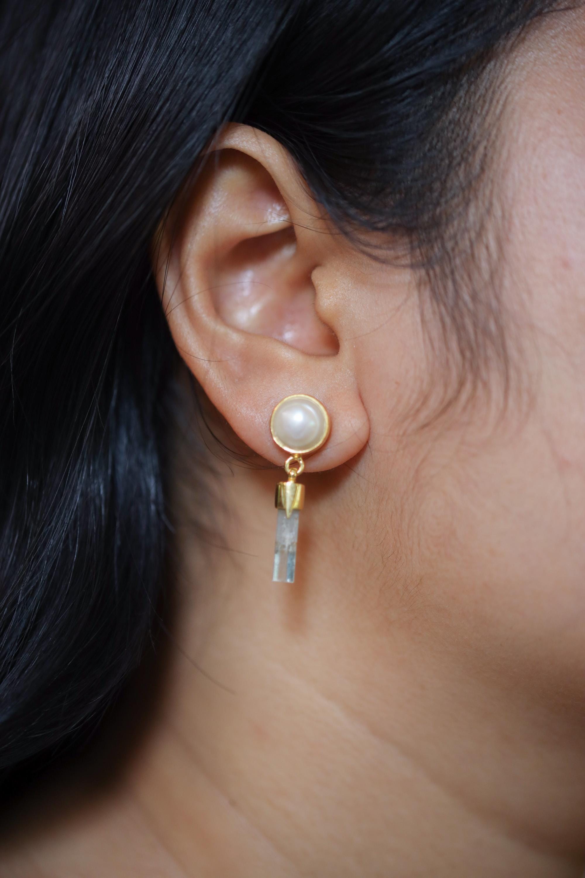 South Sea Pearl Aquamarine Earrings, Raw Crystal Stud Dangles, 18k Gold Plated, Healing Earrings, June Birthstone, Ocean Energy Gift