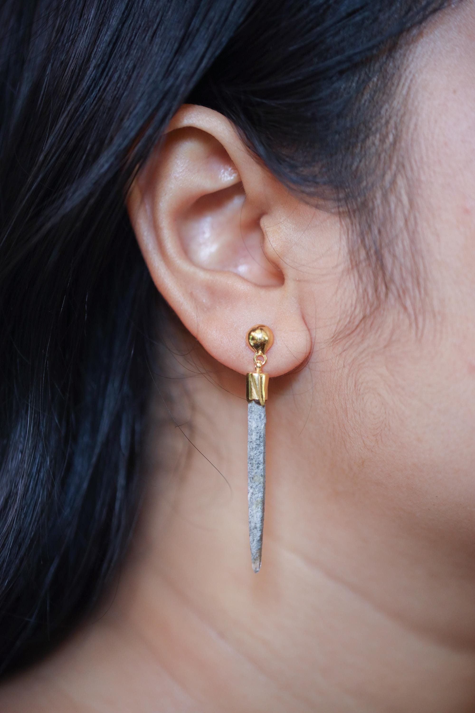 Chlorite Quartz Icicle Earrings, Himalayan Crystal Dangles, Gold Plated 925 Silver Studs, Raw Green Spikes, Protection Stone Jewelry