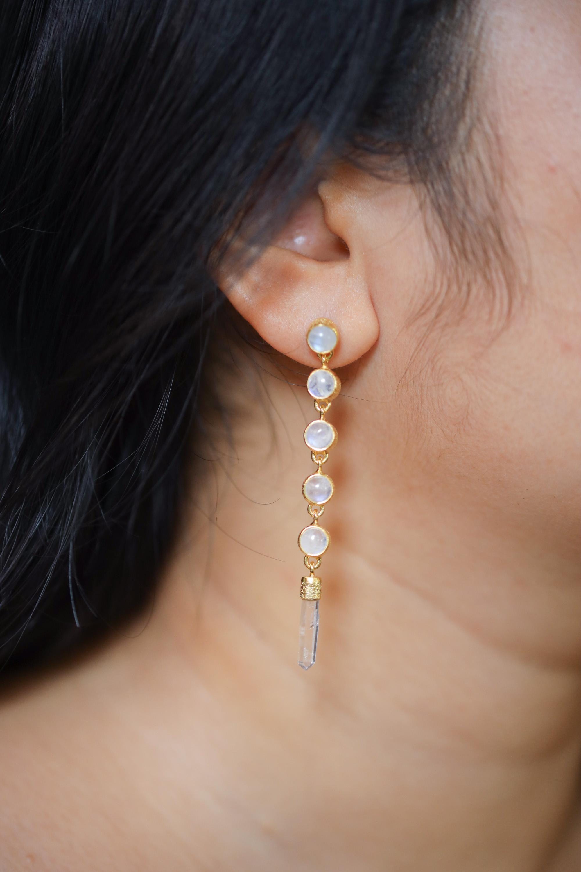 Round Blue Moonstone & Raw Clear Quartz Earrings Sand Textured Sterling Silver 18K Gold Plated 3 Micron Cancer Zodiac Spiritual Jewelry Gift