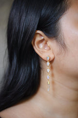 Teardrop Blue Moonstone & Raw Clear Quartz Earring Stud, Sand Textured Sterling Silver, 18K Gold Plated 3 Micron, Crown Chakra, Jewelry Gift