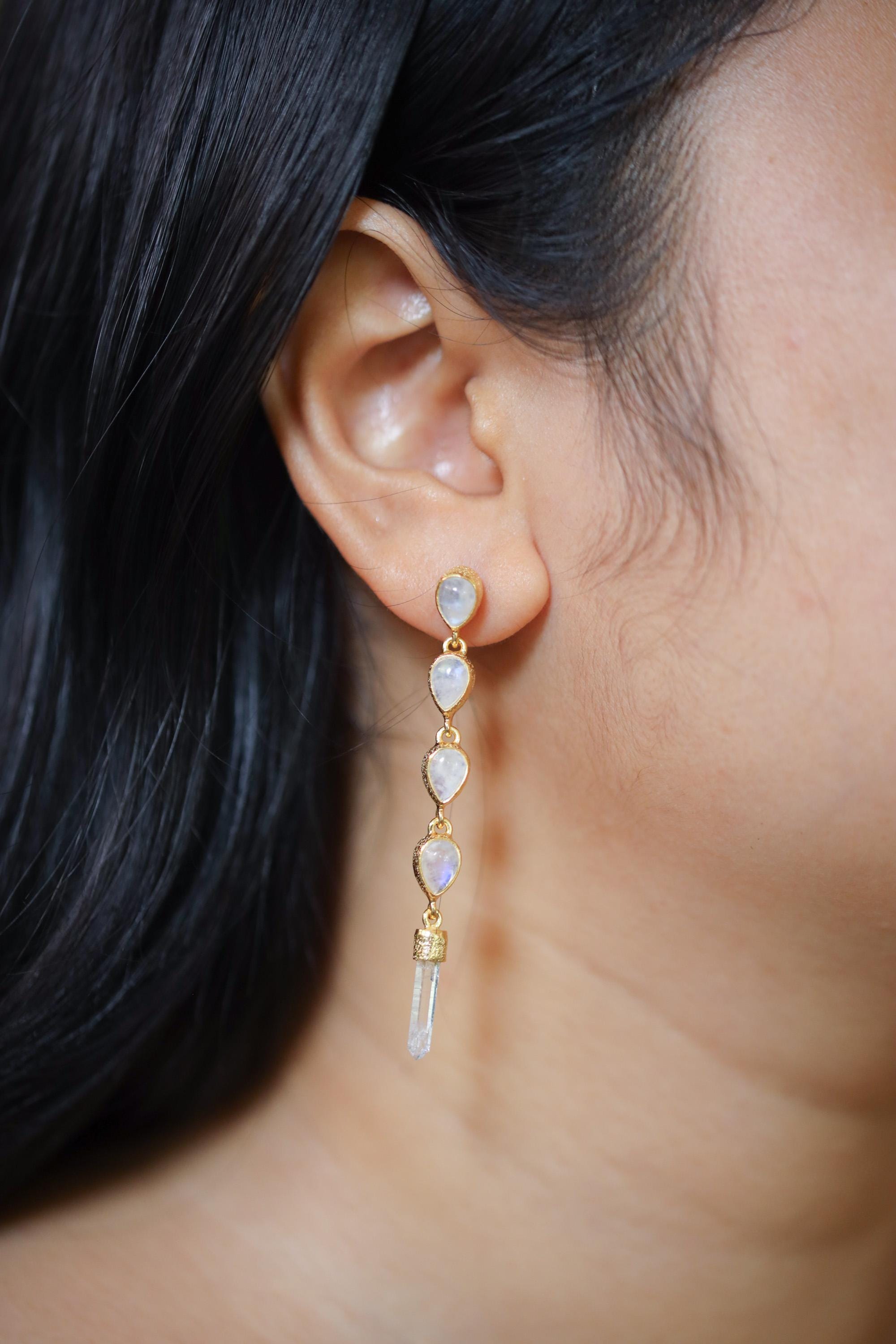 Teardrop Blue Moonstone & Raw Clear Quartz Earring Stud, Sand Textured Sterling Silver, 18K Gold Plated 3 Micron, Crown Chakra, Jewelry Gift