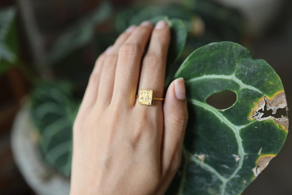 Australian Pyrite Ring 18k Gold Plated Silver Raw Cube Crystal Minimalist Stacking Ring Protection Gift US size 7.5