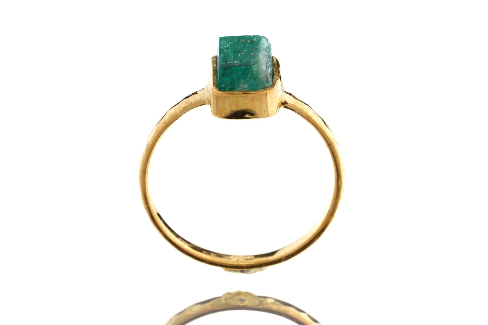 Raw Emerald Ring Gold Plated Sterling Silver, Rough Australian Emerald Crystal, Stack Ring Size 5 US, Heart Chakra May Birthstone Gift