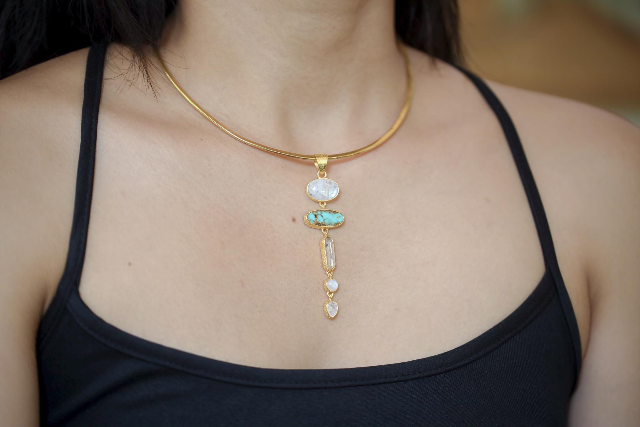 Moonstone, Sleeping Beauty Turquoise, Raw Quartz Pendant, 18K Gold Plated 925 Silver, Chakra Necklace, Unique Blue Gem Gift, Organic Texture