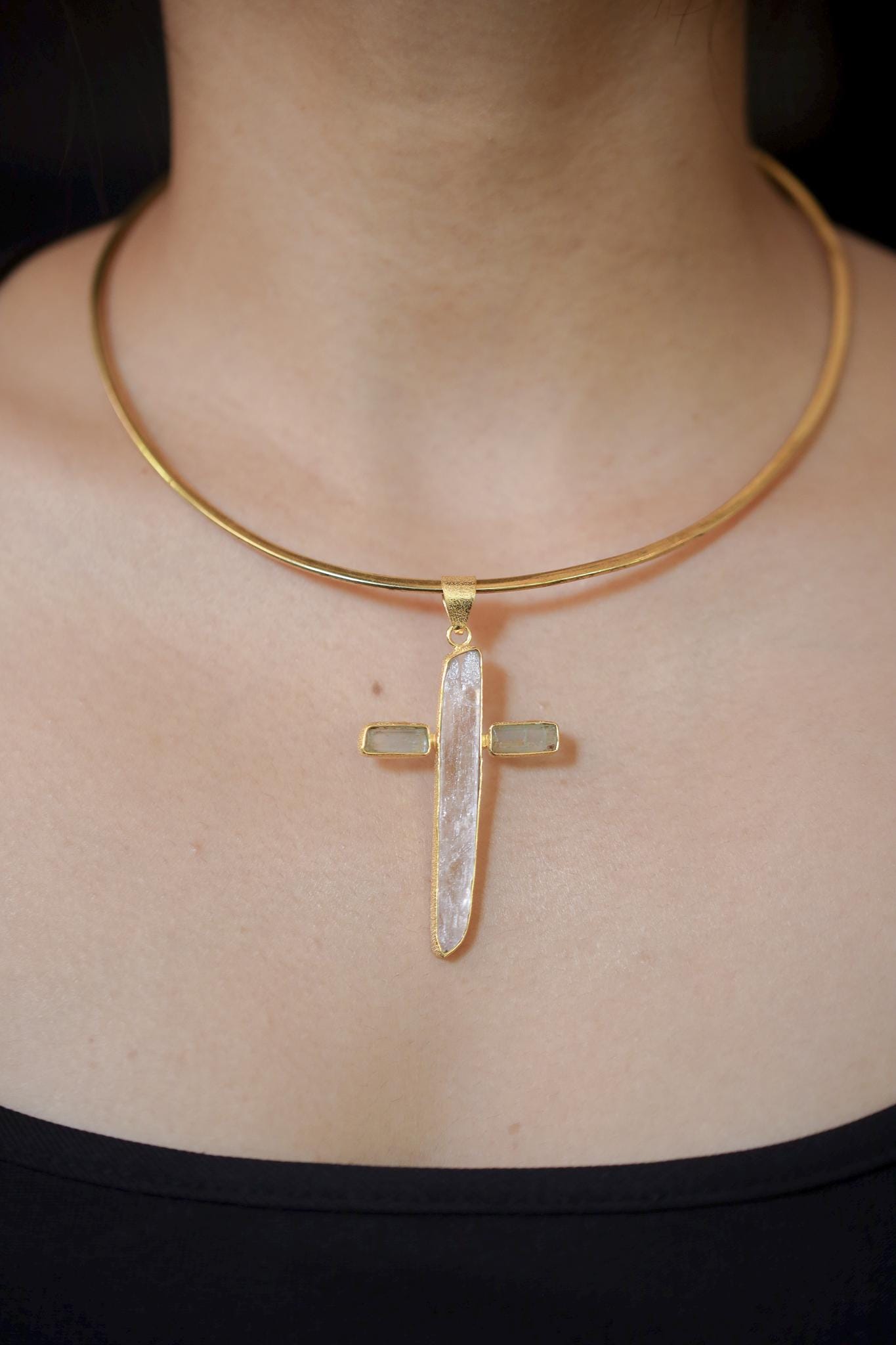 Pink Kunzite Cross Pendant, Aquamarine, 925 Silver With 18k Gold Plated, Spiritual Jewelry, Organic Texture, Heart Healing, Unique Gift