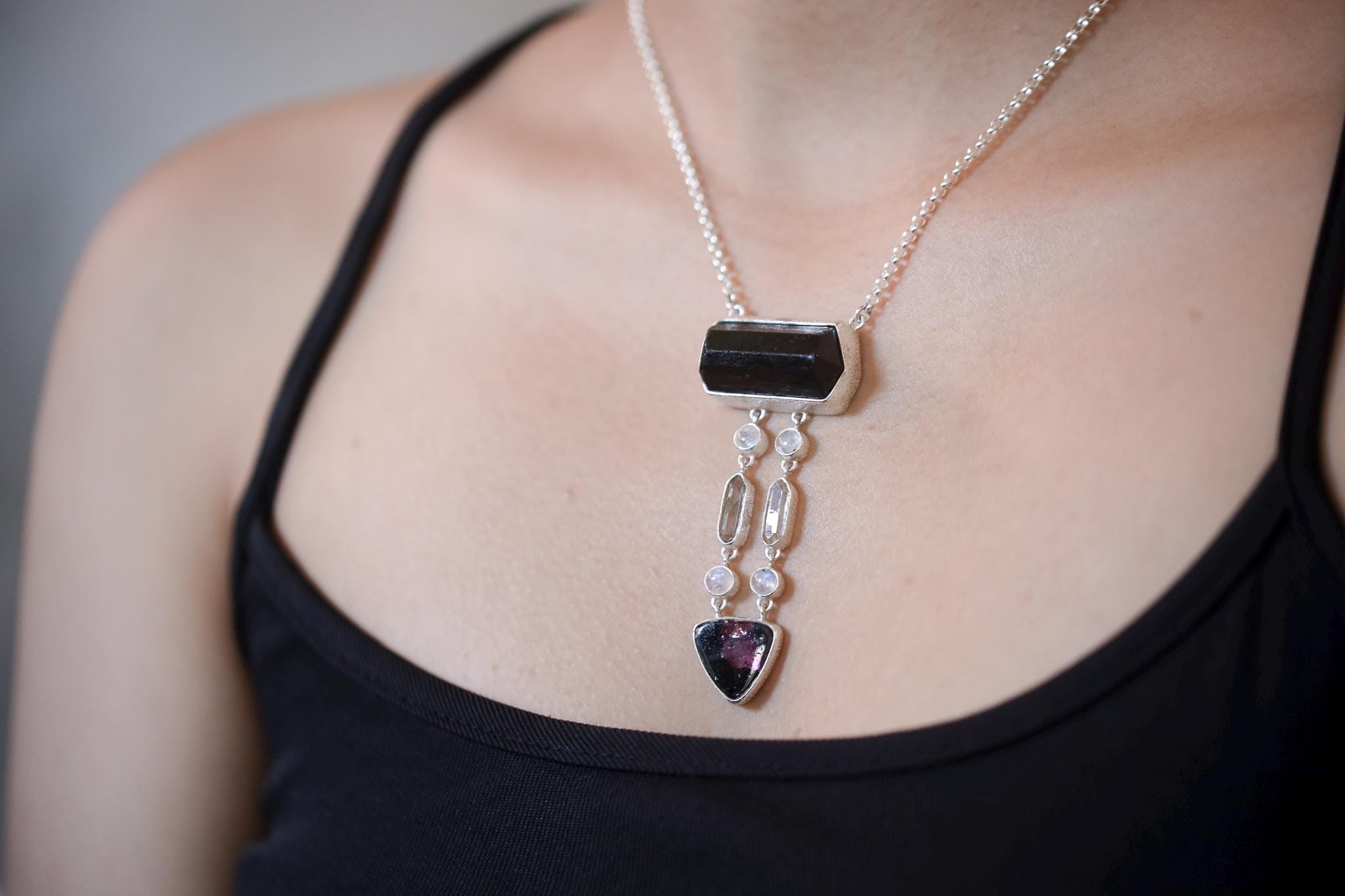 Dravite Tourmaline, Moonstone, Quartz & Rubellite Pendant, 925 Silver Organic Texture, Chakra Healing Crystal Jewelry, Boho Gift