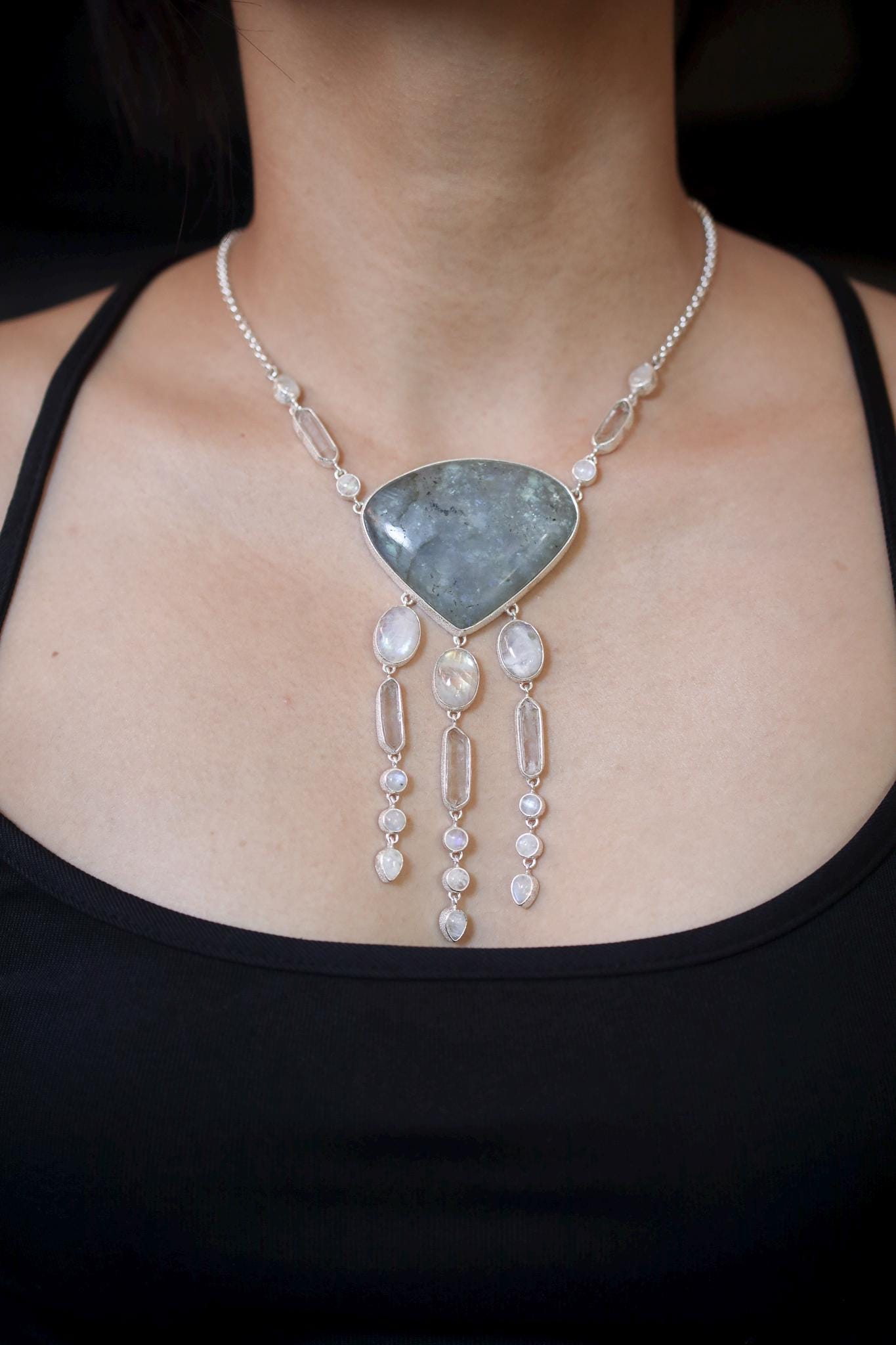 Vibrant Labradorite, Blue Moonstone, Clear double terminated Quartz Necklace, 925 Silver, Rolo Chain, Stone Jewelry, Organic Texture Gift