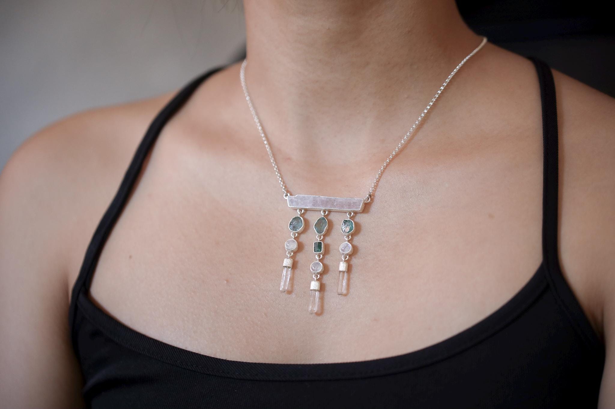 Raw Crystal Dangle Necklace, Kunzite, Apatite, Moonstone, Quartz, 925 Silver