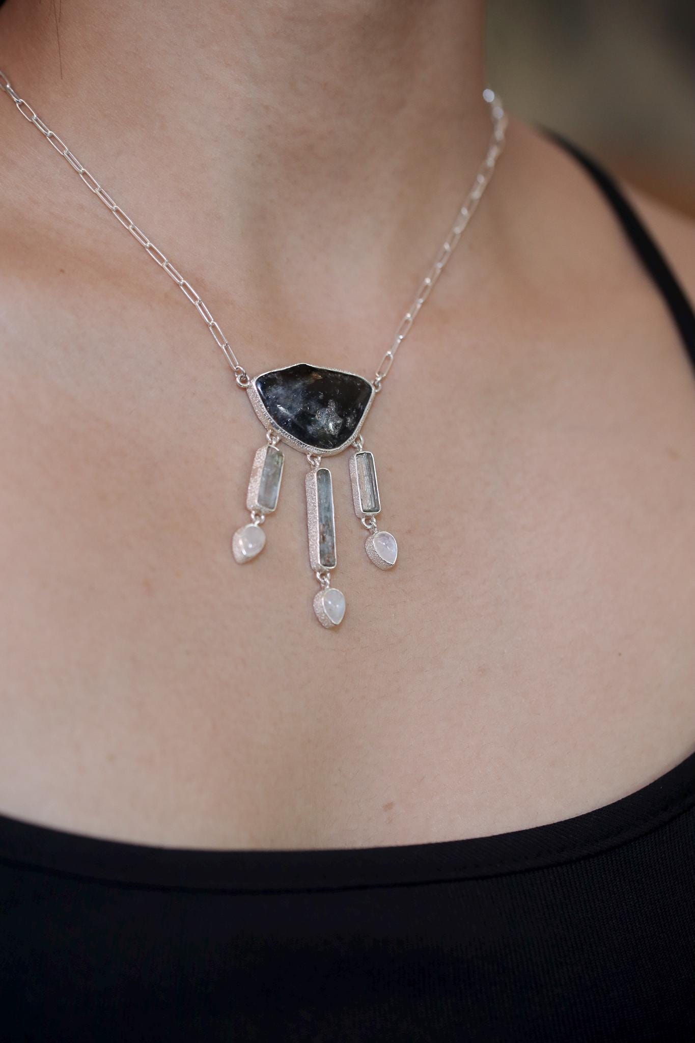 Blue Tourmaline Slice, Raw Aquamarine & Blue Moonstone Necklace, 925 Silver High Shine Finish, Healing Crystal Statement Jewelry