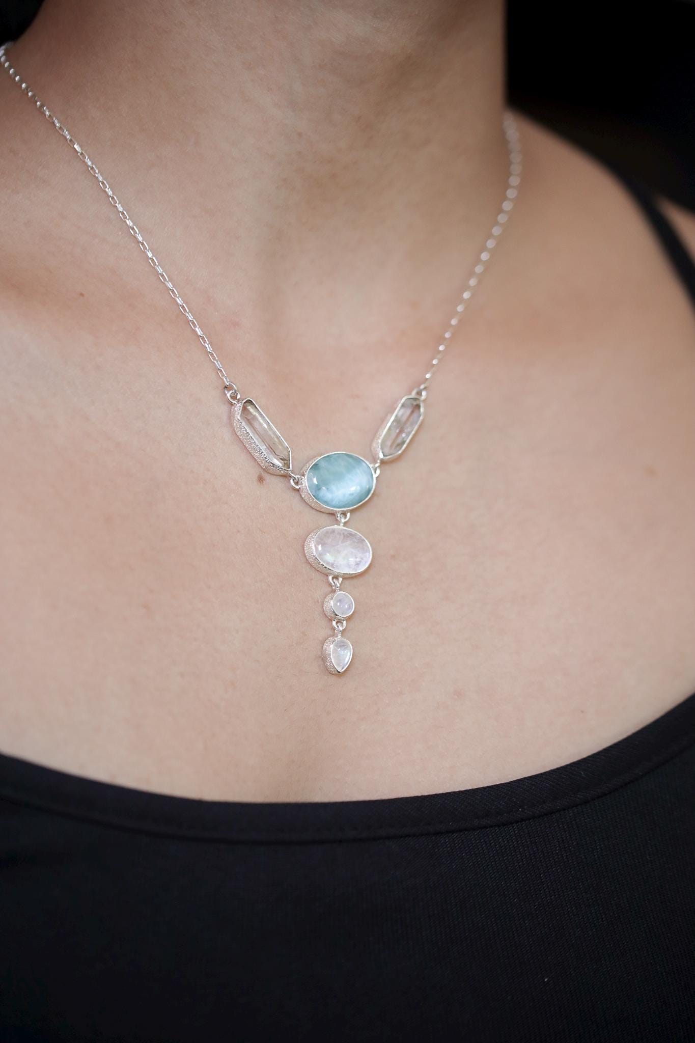 Sleeping Larimar, Blue Moonstone, Clear Quartz Necklace, 925 Silver, Box Chain, Organic Texture, Healing Crystal Jewelry, Throat Chakra Gift